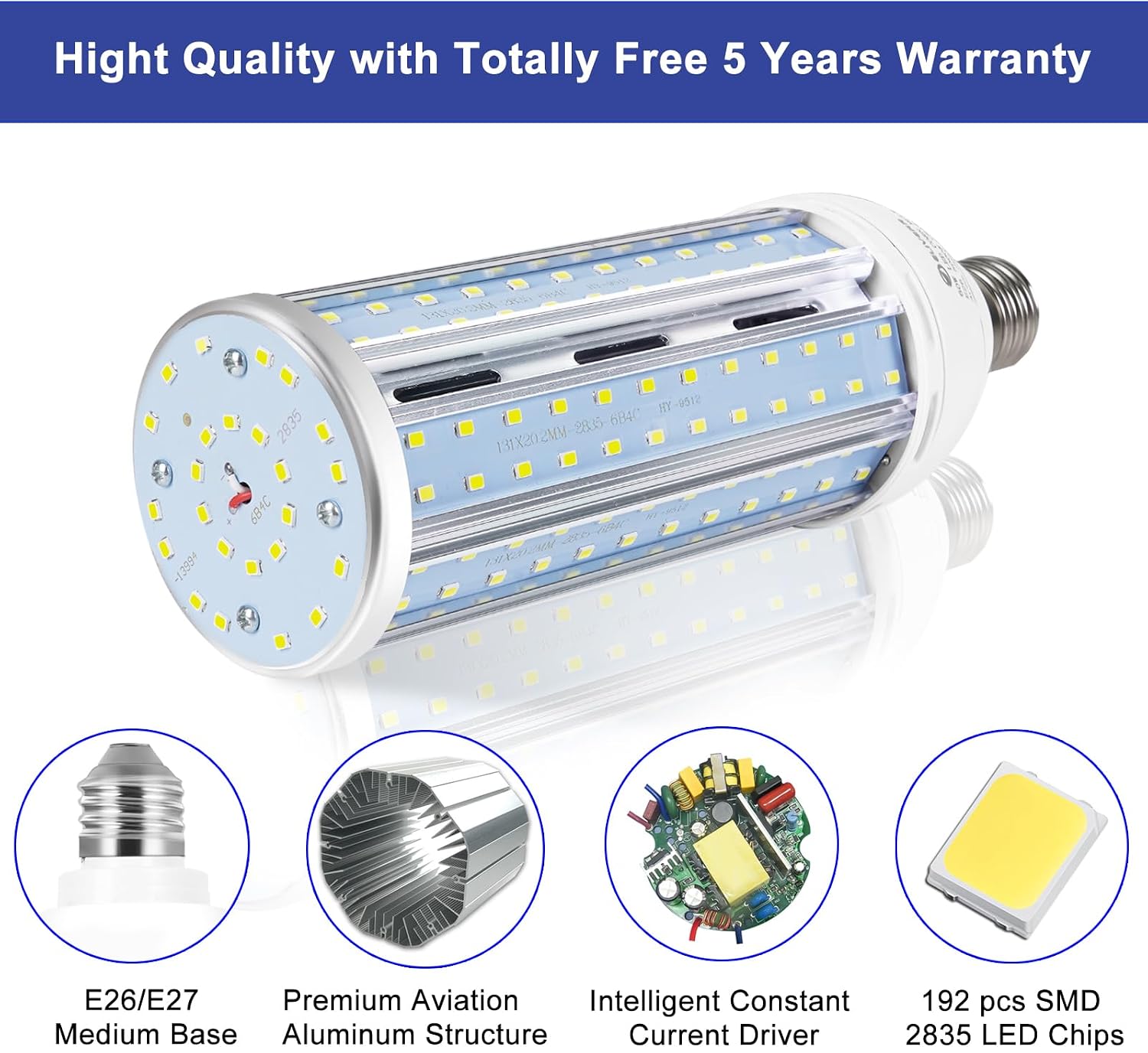 ELIVERN 2 Pack 600W Equivalent LED Corn Light Bulb 6000 Lumen 5000K Daylight White E26 Medium Base 60W Corn Light Bulbs for Outdoor Indoor Garage Warehouse Factory Workshop
