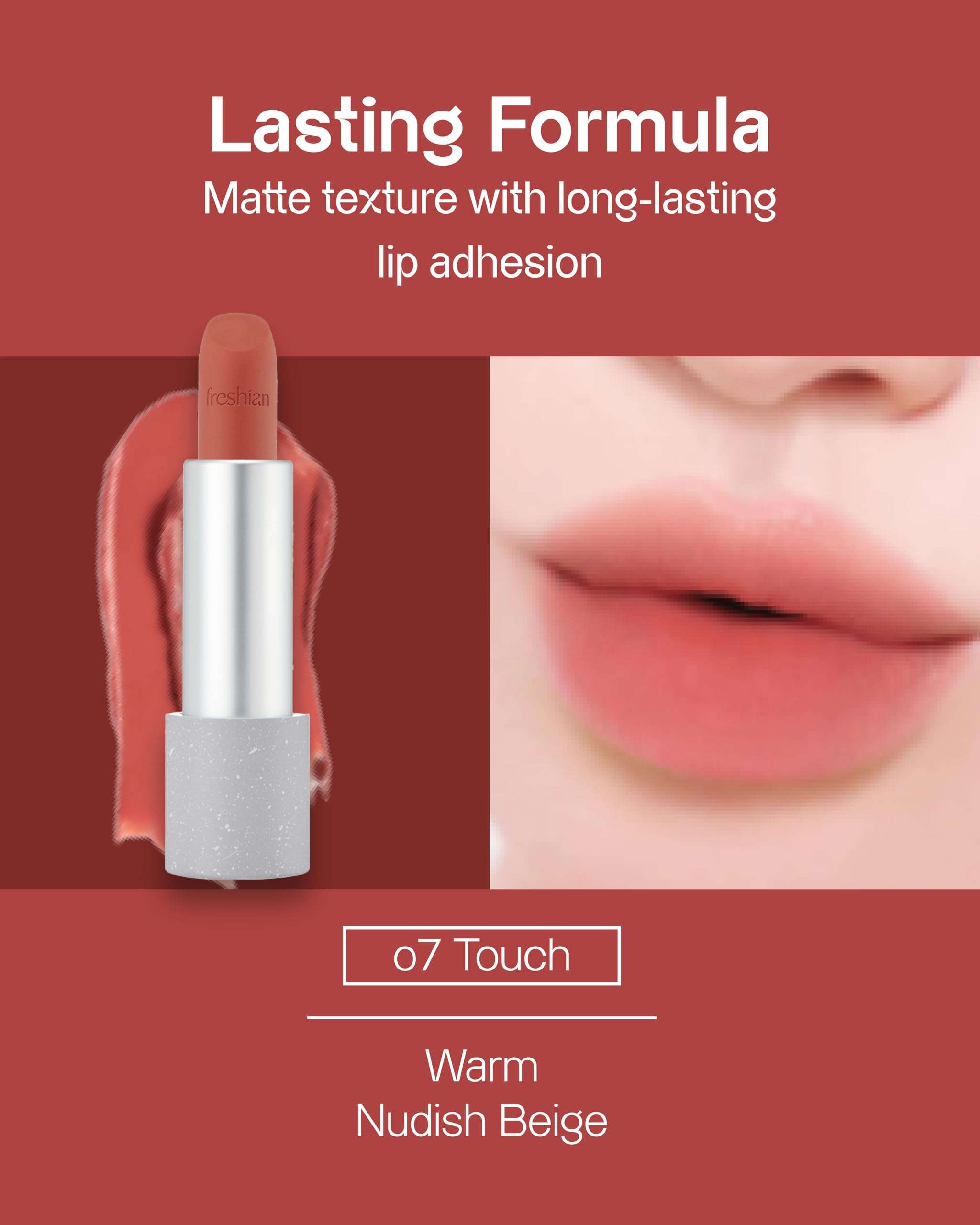 Freshian Sensual Blur Vegan Lipstick (07 Touch, 9.07 g): fórmula de larga duración, lápiz labial mate claro, maquillaje coreano, manteca de karité, vegano. 07 Touch, 1 pieza (1 unidad)