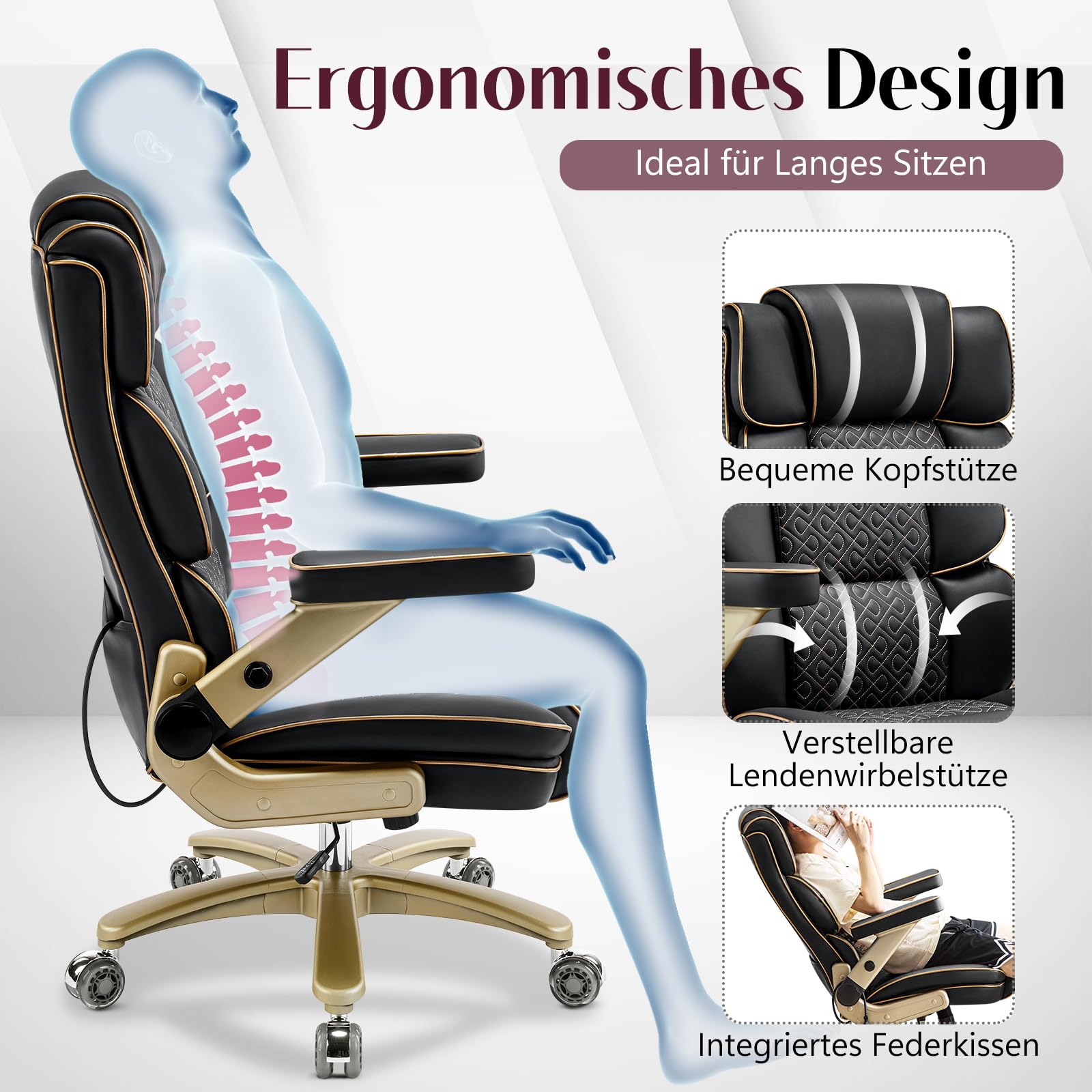 Big and Tall Bürostuhl 230kg, Ergonomischer Chefsessel aus Leder mit Komfortsitz, 5D Armlehnen, Verstellbarer Lendenstütze, Hoher Rücken, Großer Drehstuhl für Home Office, Schwarz