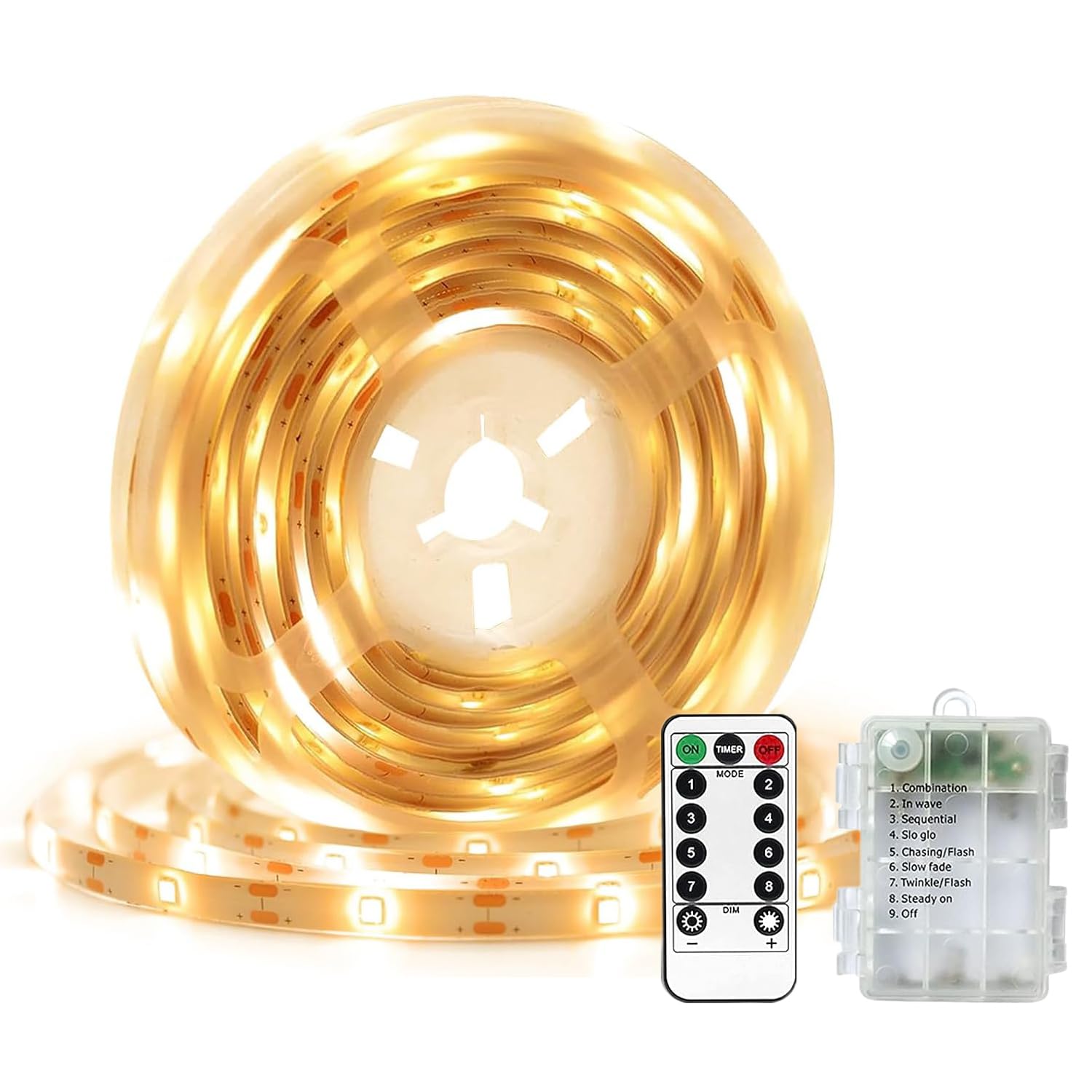 KINGCOO LED Strip Lights Battery Operated with Remote Controller Timer Dimmable Self-Adhesive Cuttable Light Strip 8Modes for Outdoor Bedroom Cabinet Shelves Kitchen TV Decor (Warm White, 4M 240LED)