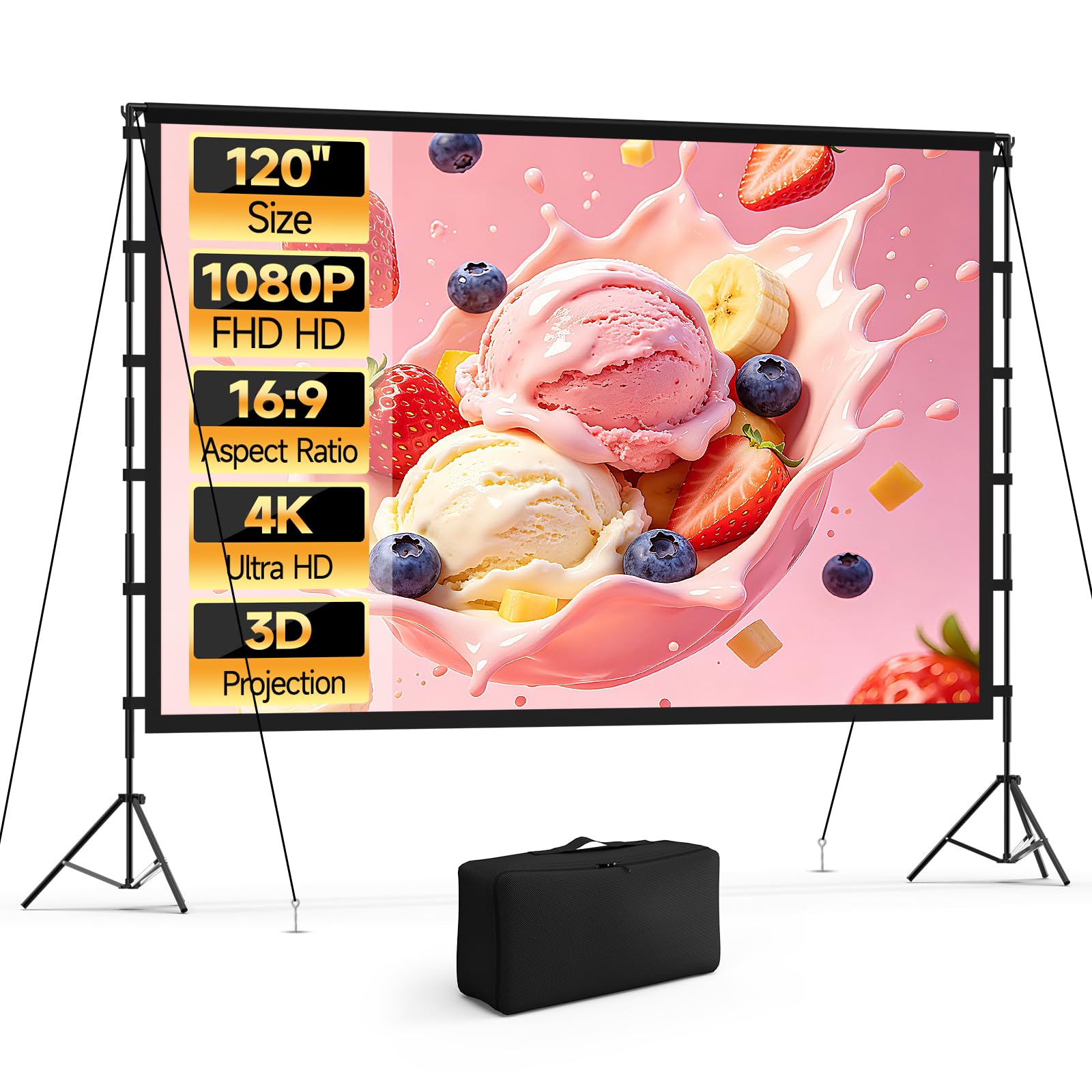 Photo 1 of 120 inch Projector Screen Outdoor with Stand, 16:9 4K HD Portable Projector Screen with Carrying Bag, Foldable Movie Screen Outdoor Indoor for Home Theater Backyard Movie Night