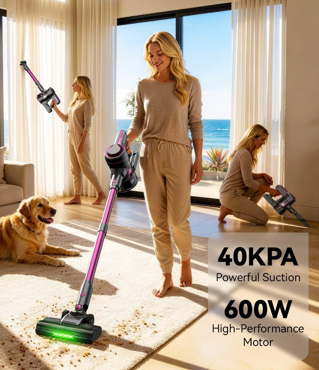 Cordless Vacuum Cleaner for Home,600W 40000PA 70Mins, Self-Standing,Powerful Suction Anti-Tangle Long&Pet Hair, Easily Picks Up Hard/Soft Debris for All Surfaces:Hardwood Floors,Tile,Carpet (Magenta)