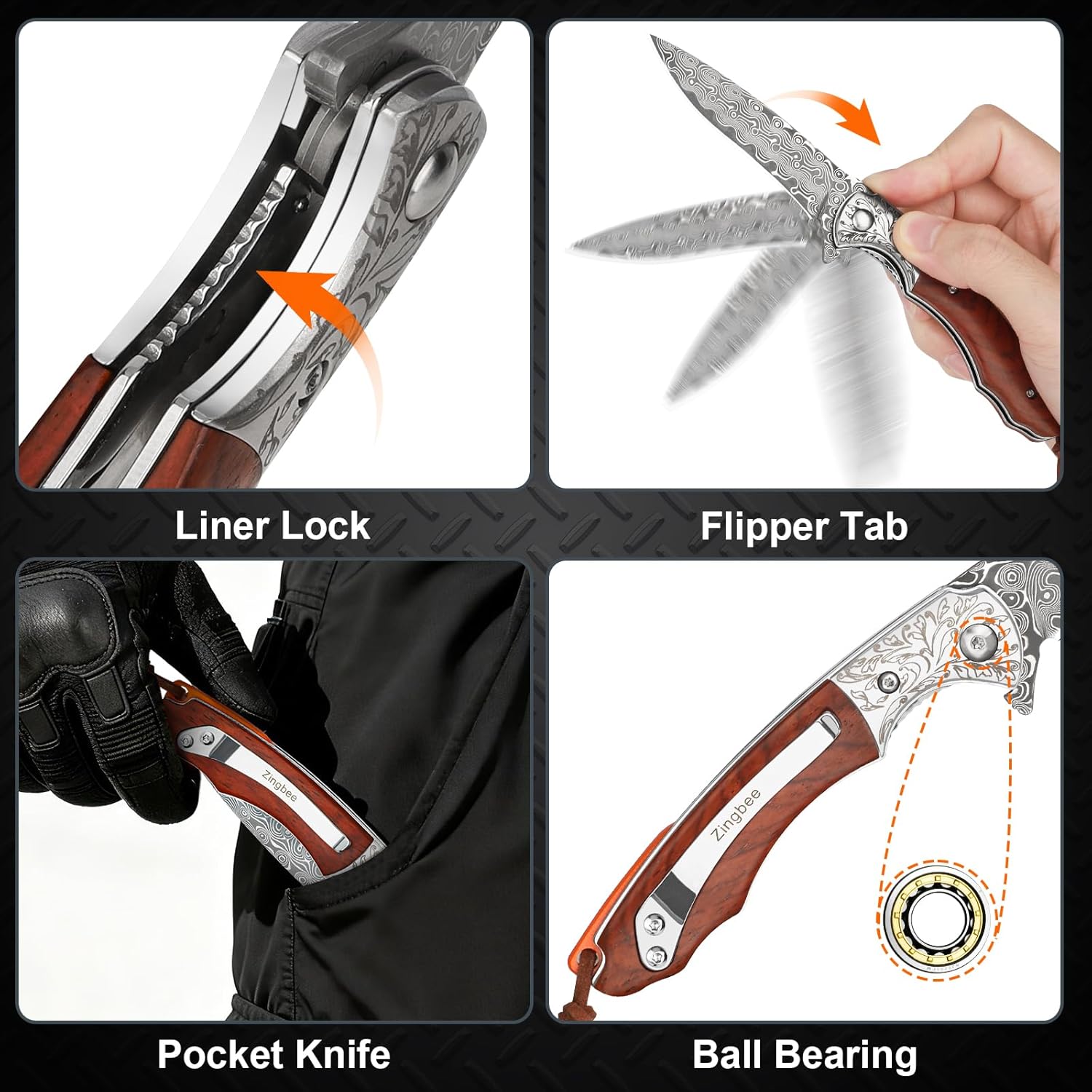 Zingbee Damascus Pocket Knife for Men, Pocket Knives & Folding Knives with Rosewood Handle, Folding Knife with Clip for Camping Hunting Outdoor Collection