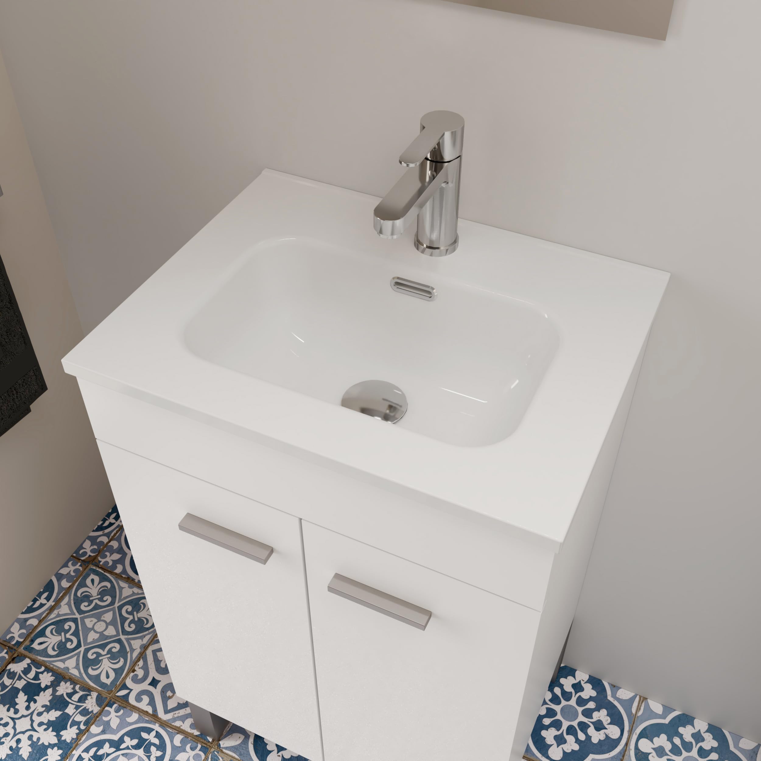 Baikal Mueble de Baño. 2 Puertas. Armario con Patas. Incluye Lavabo Cerámico y Espejo Liso. Mueble Auxiliar. Gabinete de Baño. Armario Auxiliar. Se Entrega en Kit. 50cm Blanco.