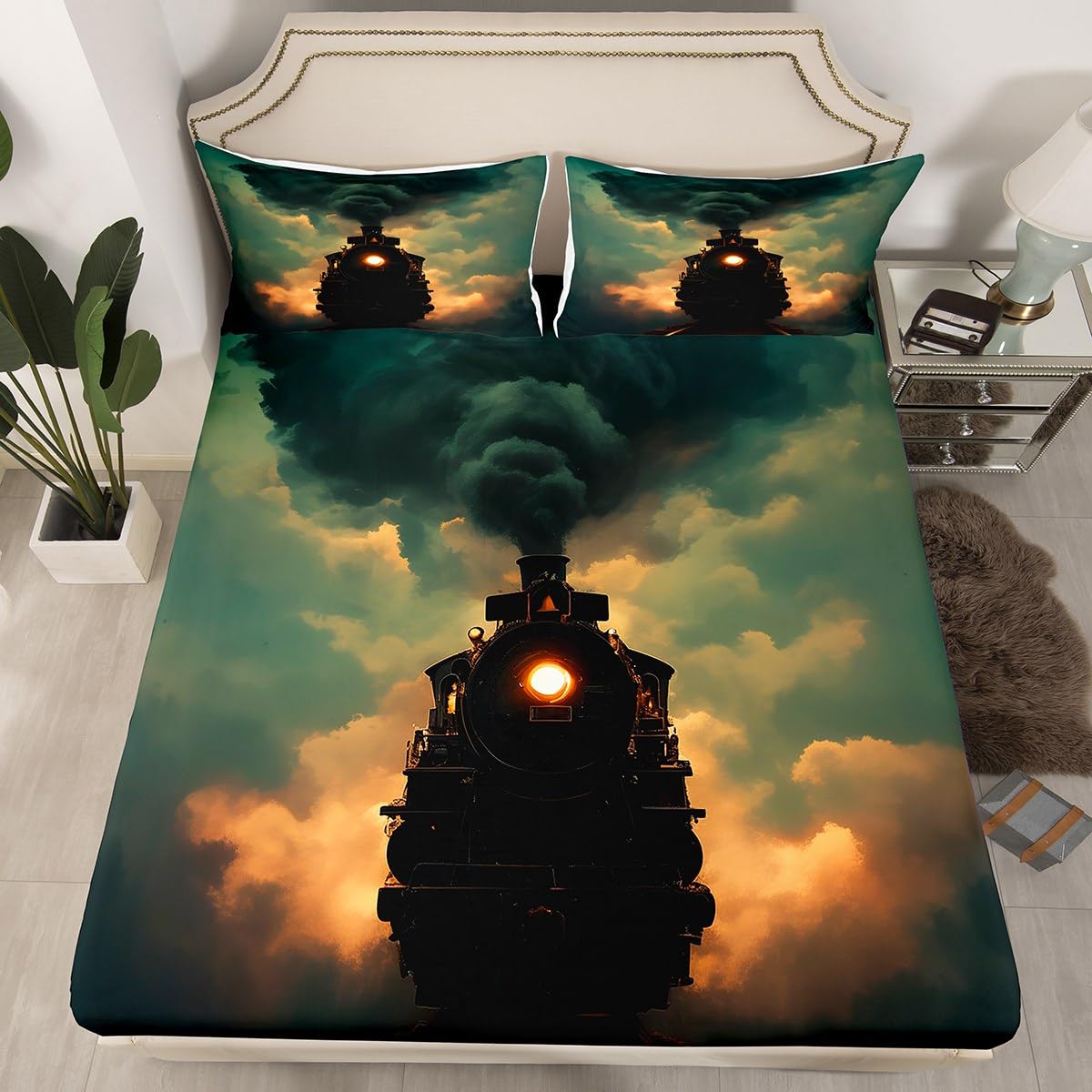 Erosebridal Steam Train Bed Sheets Twin Size 3D Railway Track Fitted Sheet for Kids Vehicles Engine Retro Transport Vehicle Bed Set Equipment Smoky Deep Pocket Bedroom Decor