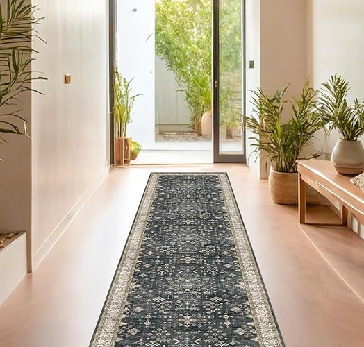 Black Washable 8ft Long Runners for Hallways, 2x8 Kitchen Runner Rug, Entryway Indoor Runner for Bathroom, Non Slip Boho Vintage Floor Décor for High Traffic Area - 2' x 8' (Runner) - Ashen / Multi