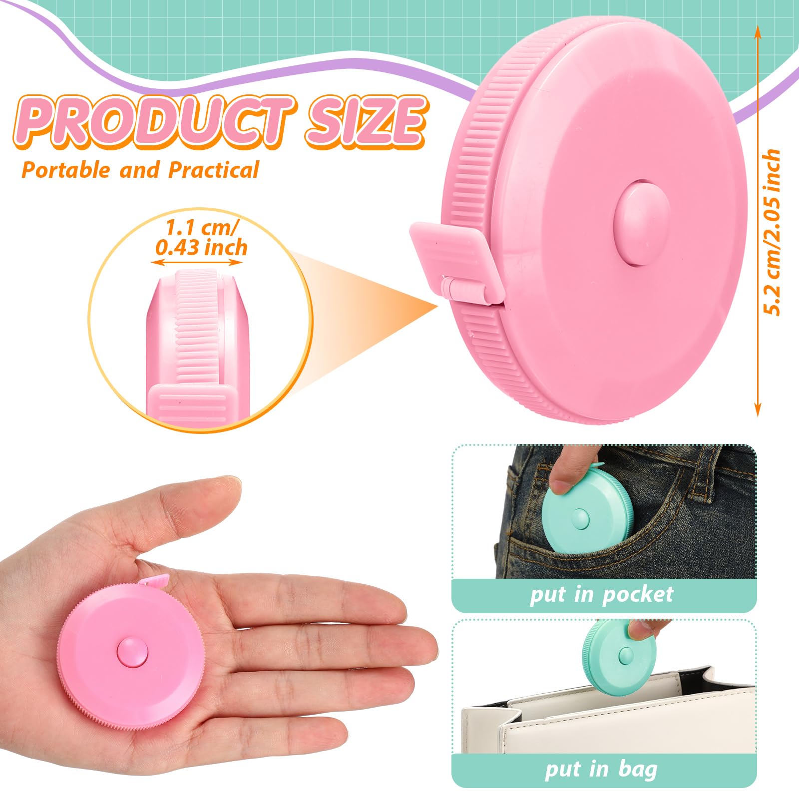 Kigeli 100 cintas métricas retráctiles de 60 pulgadas, cinta métrica suave, cinta métrica de tela de costura, cinta métrica flexible de bolsillo, cinta digital para el cuerpo (multicolor)