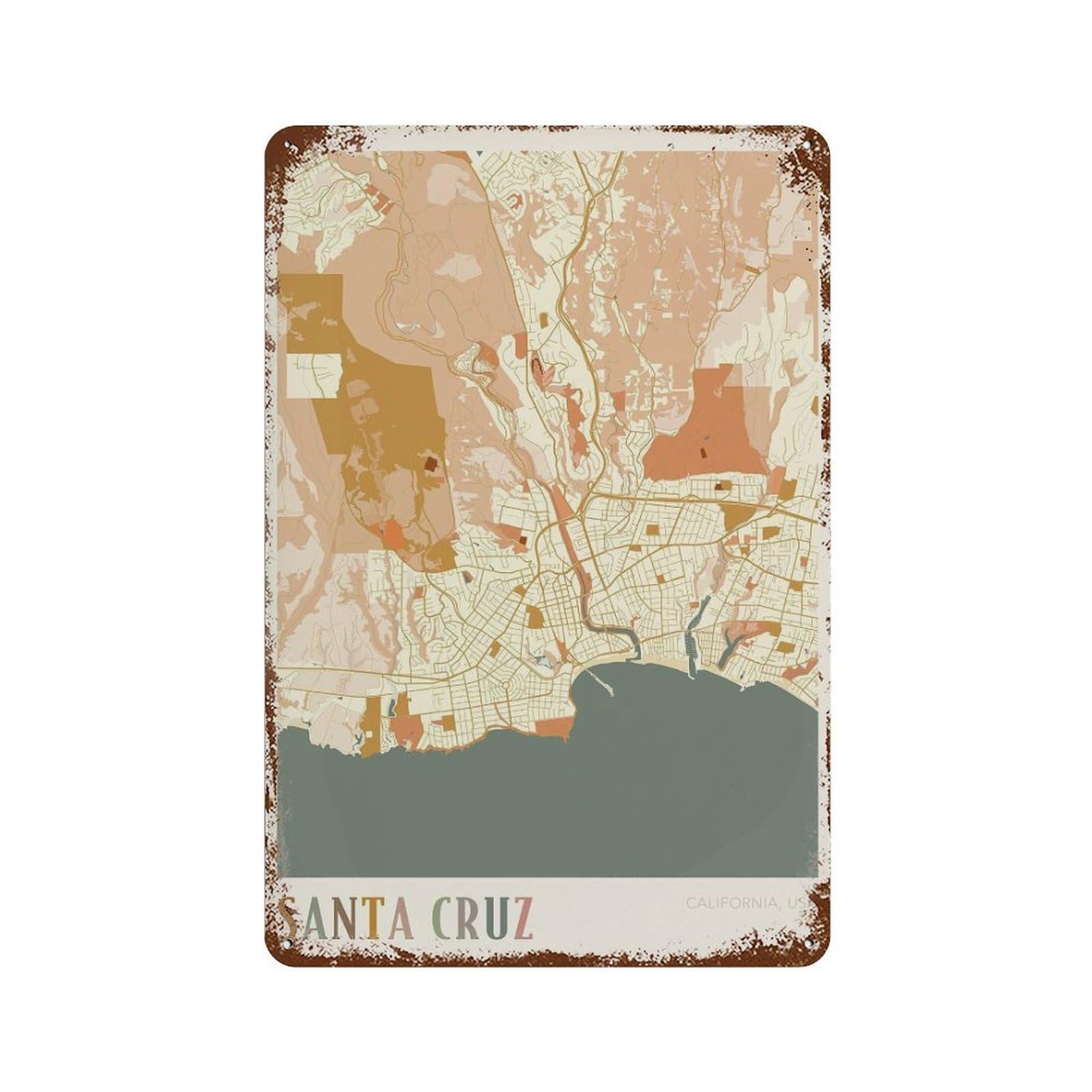 xiaoxiaoshen Santa Cruz Map California Travel Gift Boho Wall Decor Art Metal Tin Poster Modern Home Decor Art Home Bar Shop Decorations Vintage Sign 30x20cm
