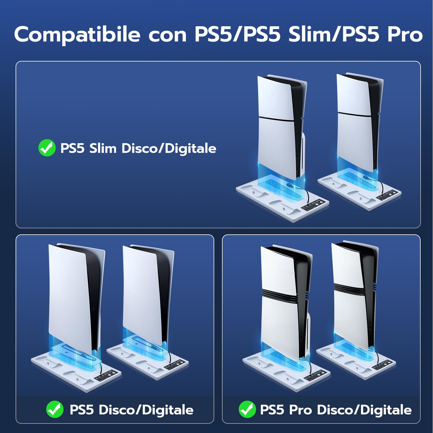 Verticale Supporto con Raffreddamento per PS5/PS5 Pro/PS5 Slim,Supporto di Ricarica per Doppio Controller PS5 con USB/Ventola a 3 Livelli/luce RGB per PS5 UHD& Digital /PS5 Slim Disc & Digital - 3