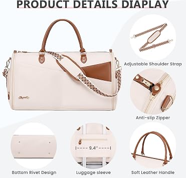 Joyrally Convertible Garment Duffle Bag for Women, 40L Carry-On, Beige