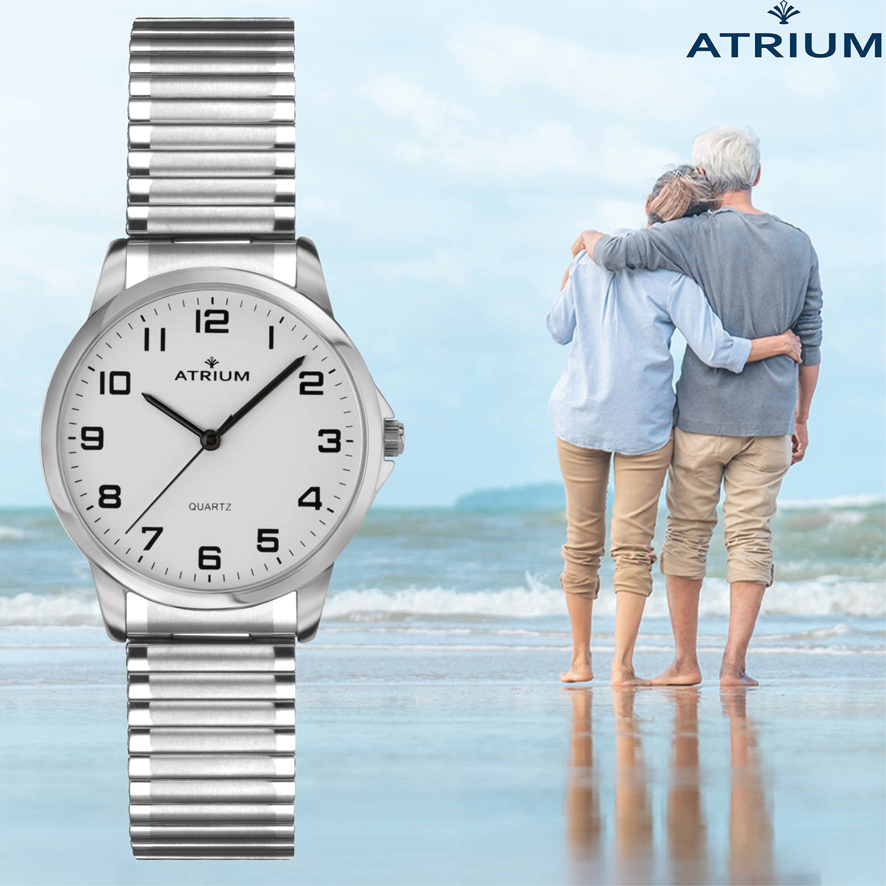 Atrium Damen Herren Armbanduhr sehr deutlich silberfarben Quarz 3 Bar Stahlband Zugband Flexband A36-50