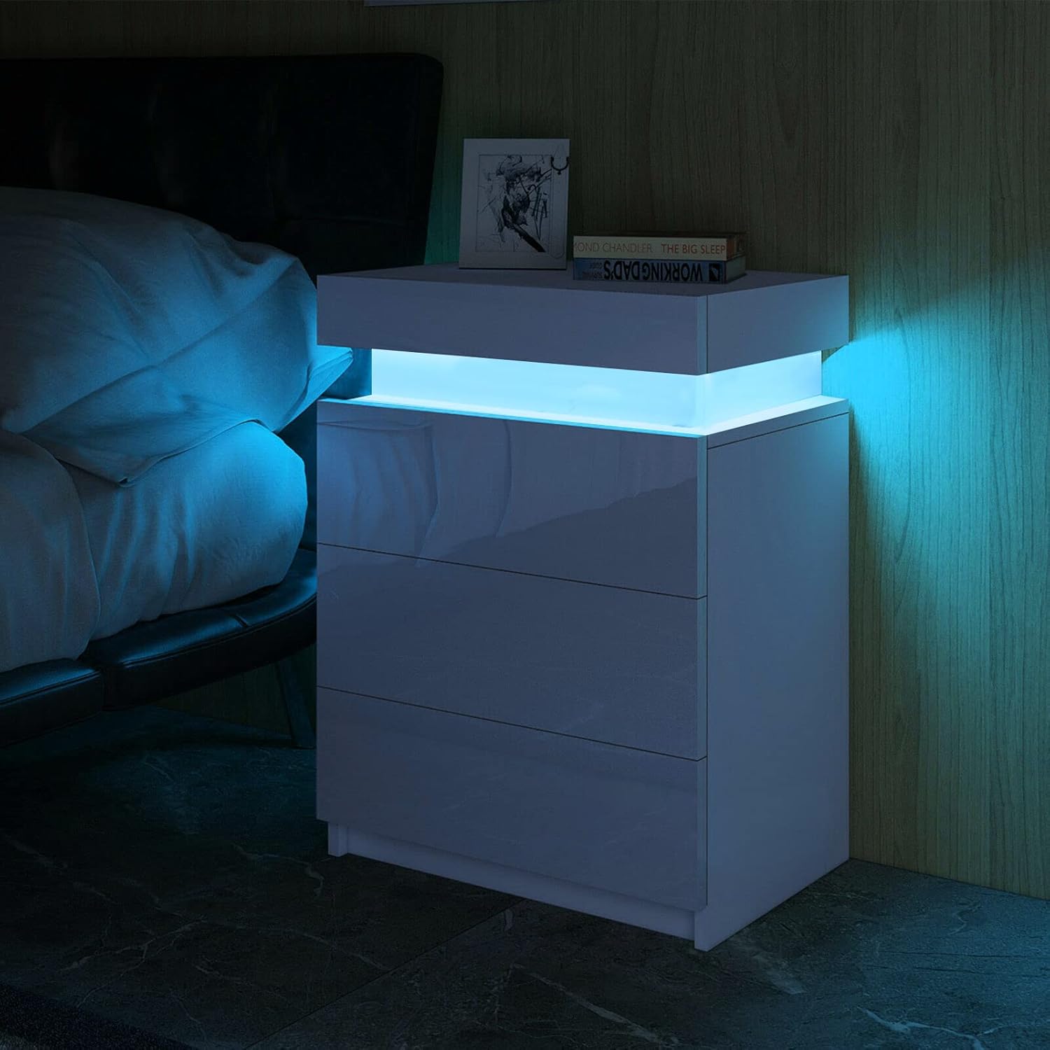 LEMROE USB LED Bedside Table with 3 Drawers and 1 Nightstand
