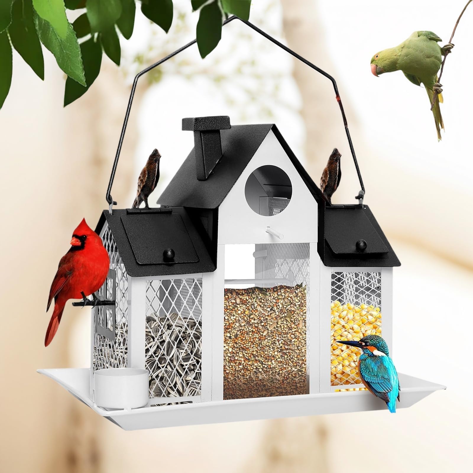 Solar Vogelfutterspender Haus zum Aufhängen im Freien, 3,2 kg große Kapazität, Metall, Wildvogel-Futterstation, Eichhörnchensicher für draußen, mit Wasserbecher, Kardinal-Vogelfutterhaus, Geschenk für