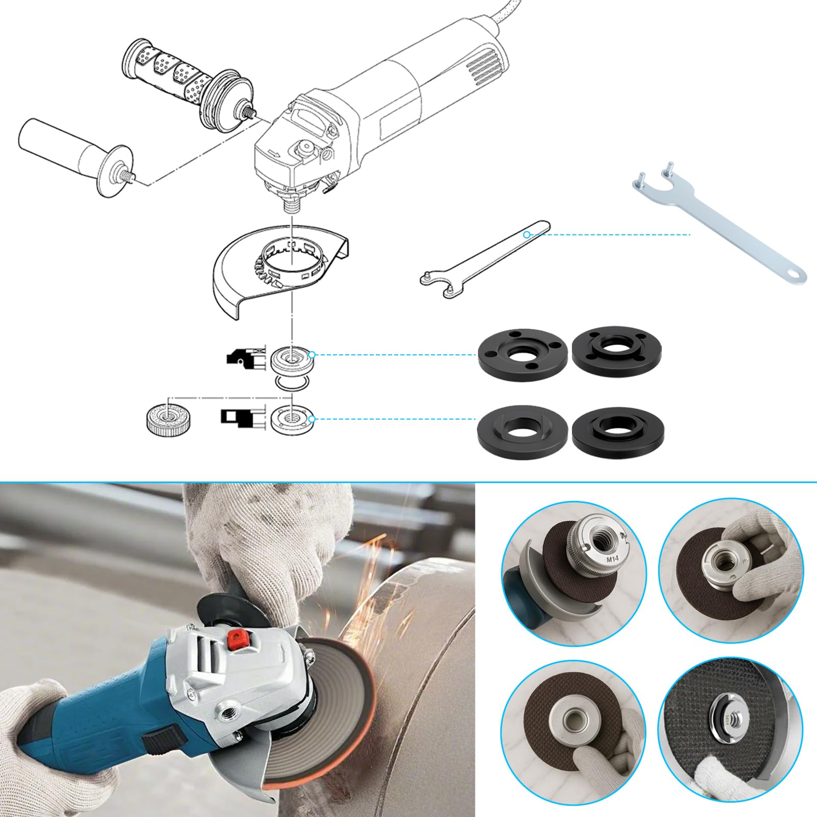 4 Pièces Clés D'angle Pour Meuleuse, Clé à Bride Pour Meuleuse Angle Kit Ecrous A Bride Cle A Molette Pour Meuleuse Accessoires 98993300