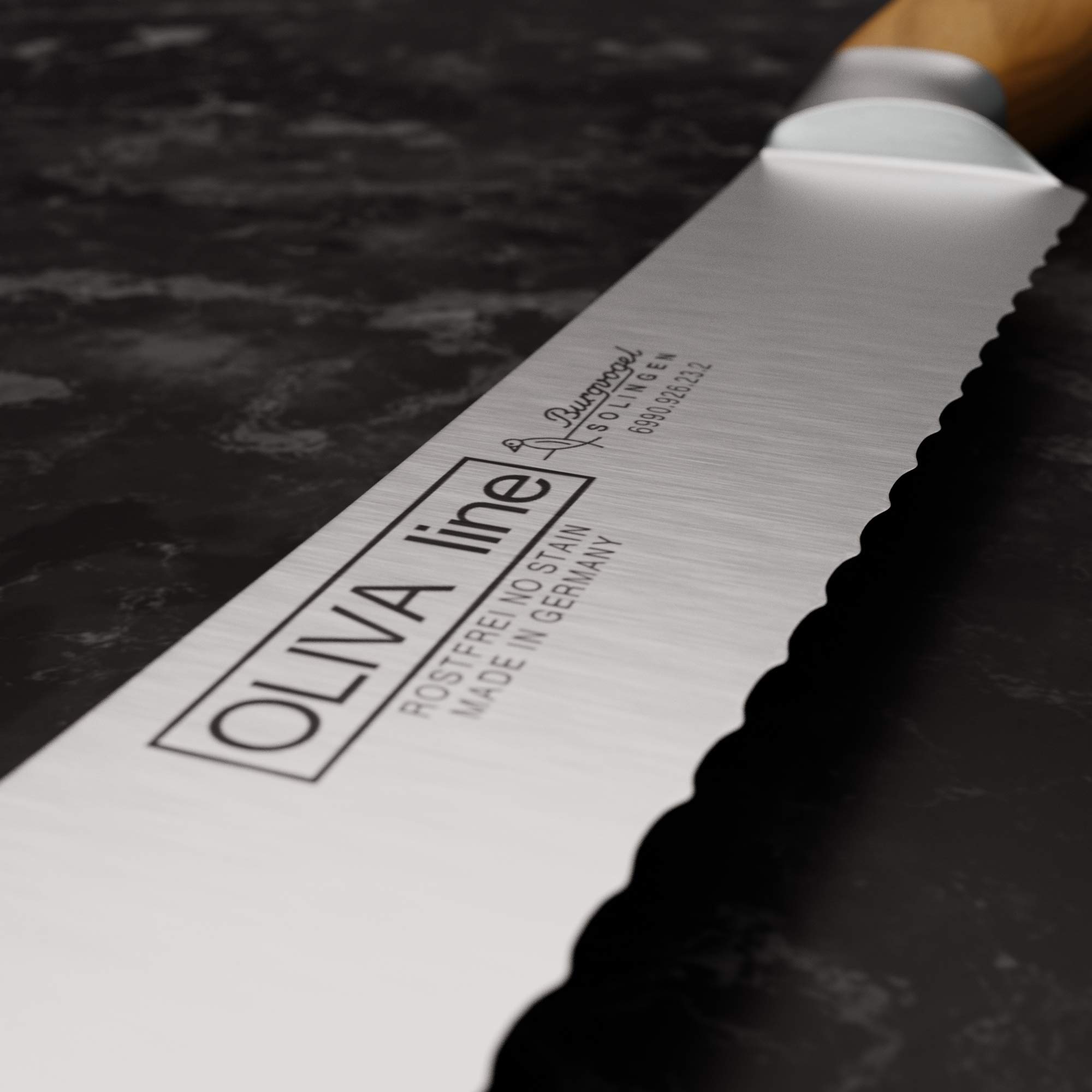 Burgvogel Solingen Brotmesser 23 cm geschmiedet Olivenholz, Oliva Line, Wellenschliff, rostfrei, hell, scharf, braun beige, 6990.926.23.2