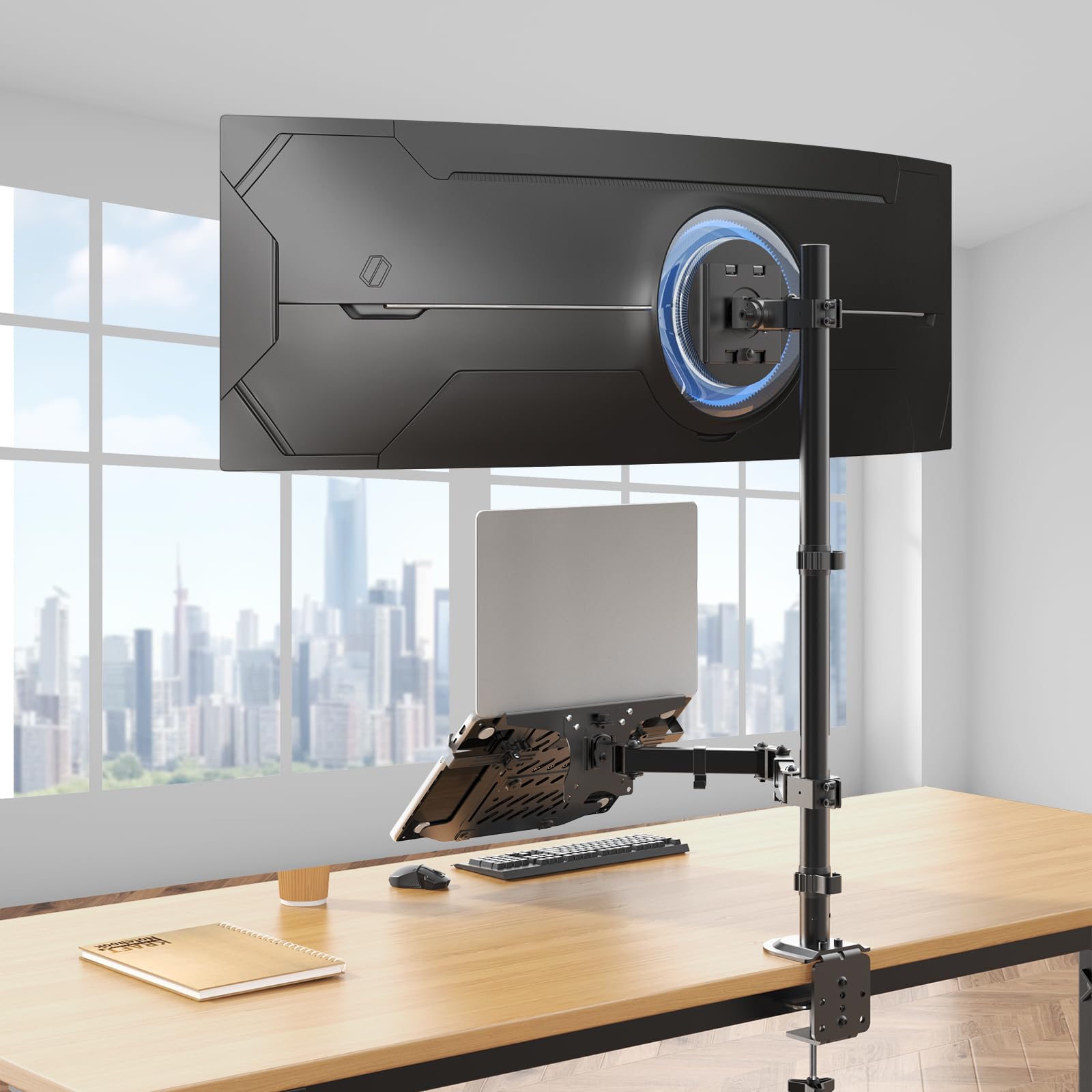 PUTORSEN Supporto per monitor con braccio per laptop per schermi da 17 a 49 pollici e notebook fino a 17 pollici, asta da 81,8 cm regolabile in altezza, braccio per monitor VESA 75/100 mm
