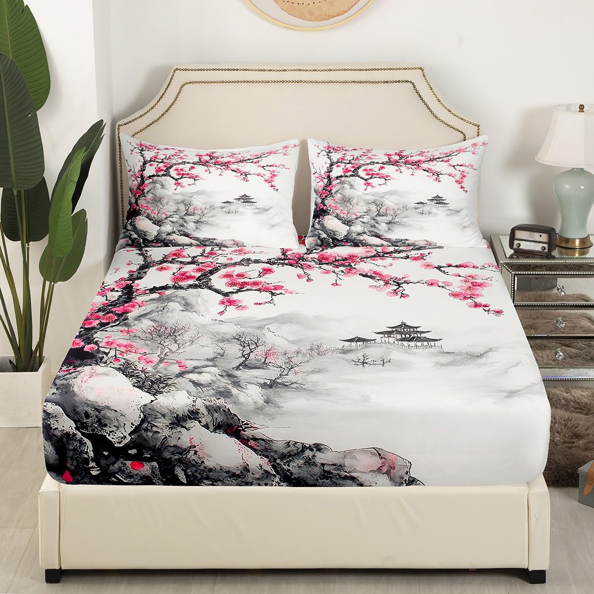 Erosebridal Japanese Flower Fitted Sheet Queen Cherry Blossom Bed Sheets Pink Floral Bedding Set for Kids Girls Teen Women,Ink Painting Fitted Bed Sheet Room Decor 3 Pcs