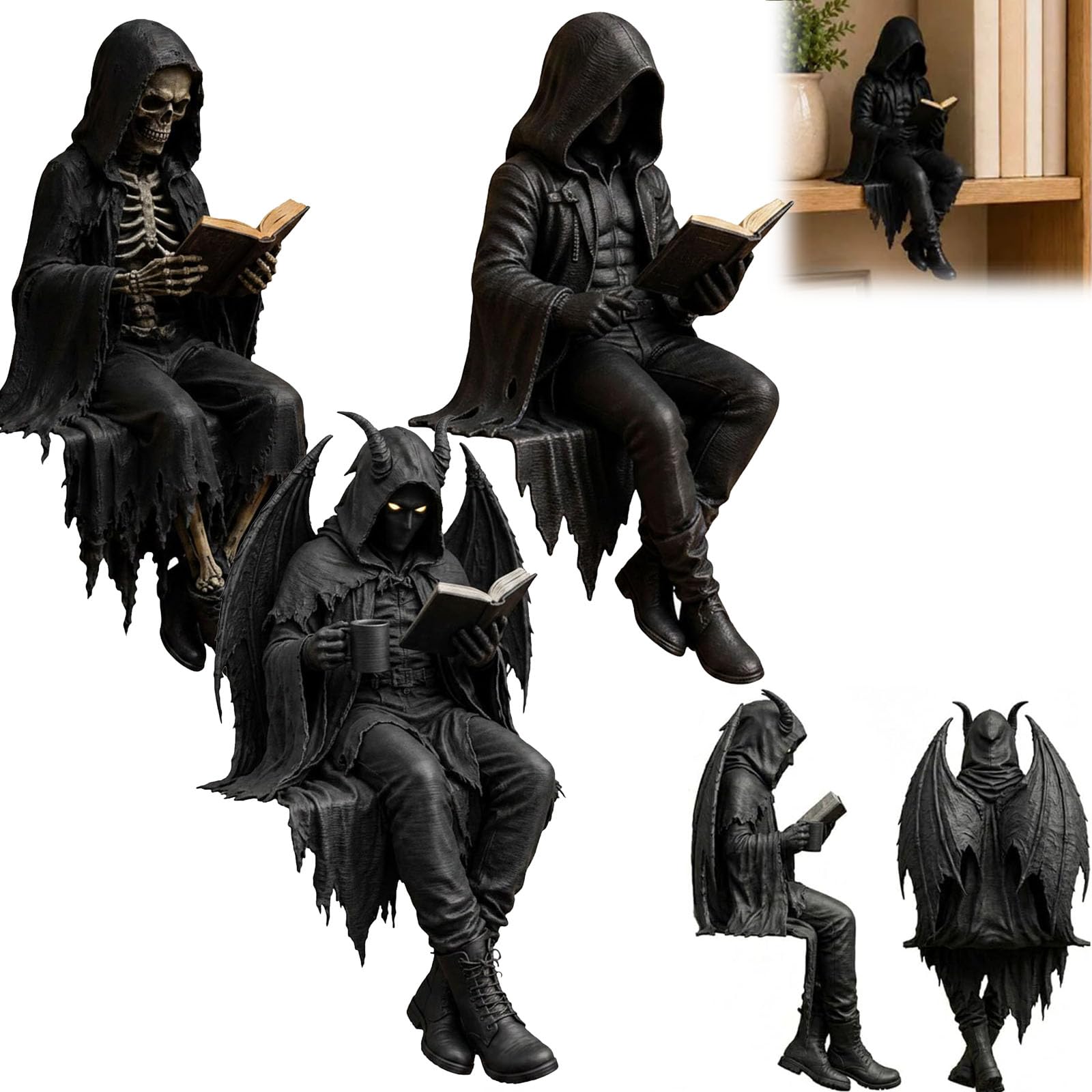 Gothic Dark Fantasy Figure,Seated Grim Reaper Reading Book Resin Sculpture,Gothic Home Decor for PC Tower,Bookshelf,Desk (Set)