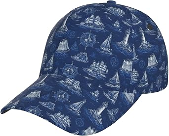 Navy Blue Nautical Retro Print Baseball Caps Women Men, Funny Golf Trucker Dad Hats Cool Adjustable Cap for Outdoor