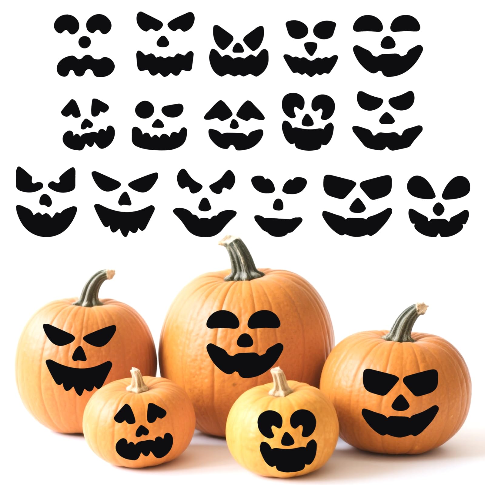 64pcs Pumpkin Decorating Stickers, Small Halloween Jack-O-Lantern Face Craft Stick on Pumpkin Decals Kit for Halloween Party Favors Trick or Treat Decorations Decor Supplies Game Activities (Black)