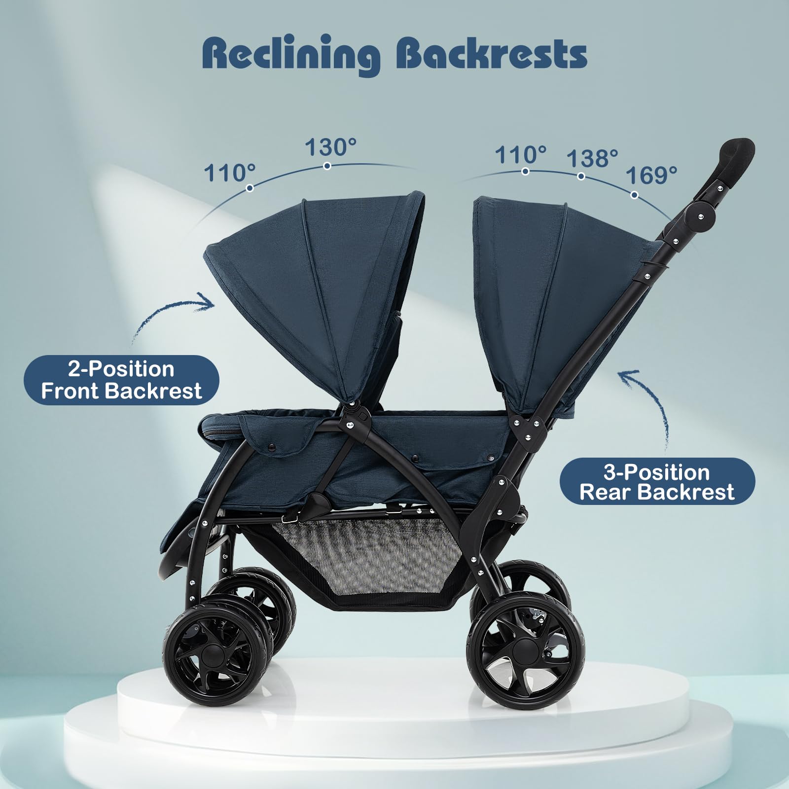 GYMAX Passeggino a doppio sedile con maniglia regolabile, baldacchino staccabile e poggiapiedi, passeggino pieghevole per viaggi, shopping e appendere fuori (blu navy)