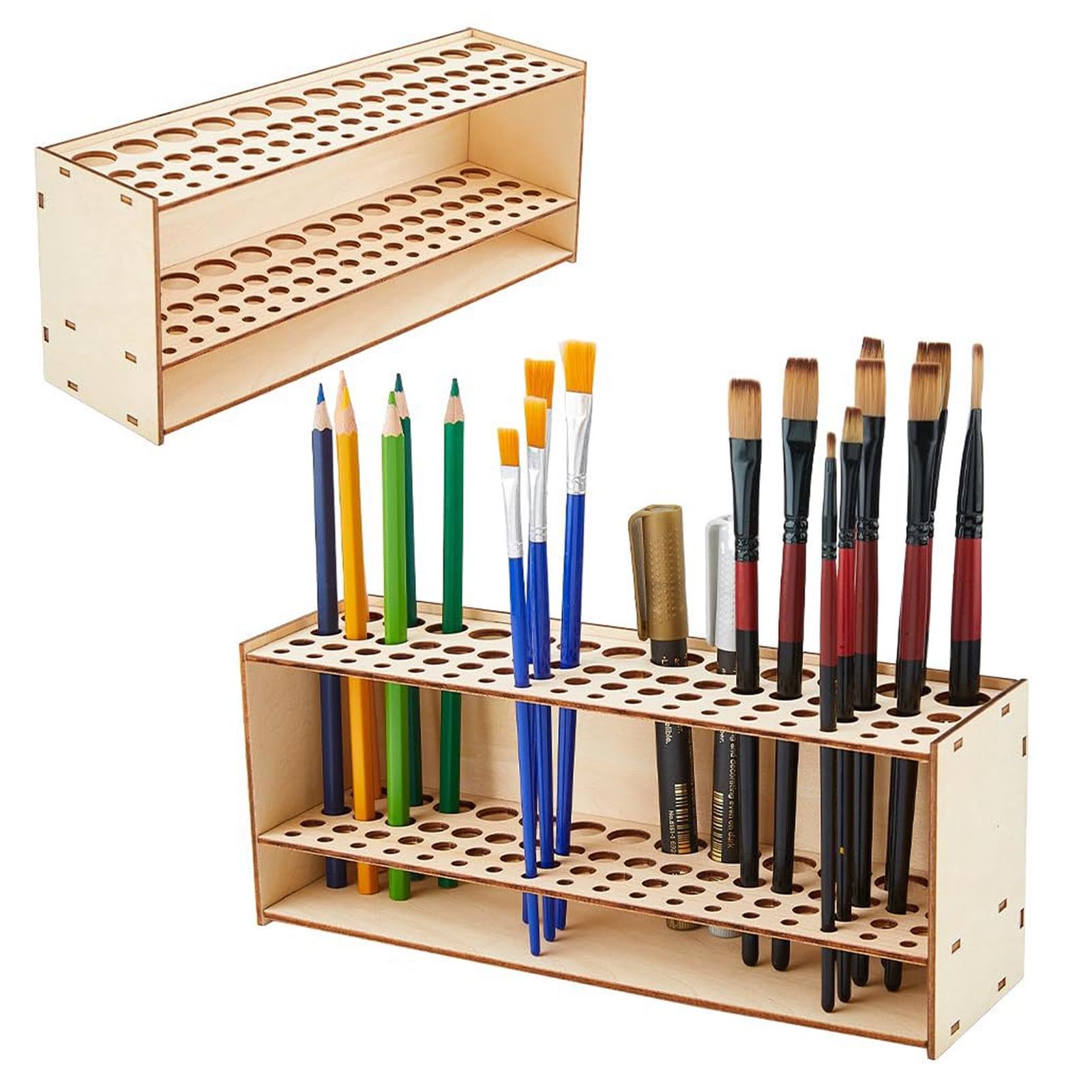 Wooden Paint Brush Holder, 67 Hole Wall-Mounted Paint Rack, 5 Different Sizes of Holes Craft & Hobby Brush Organizer, Perfect for Brushes, Sketch Pens, Model Making, Makeup Brushes