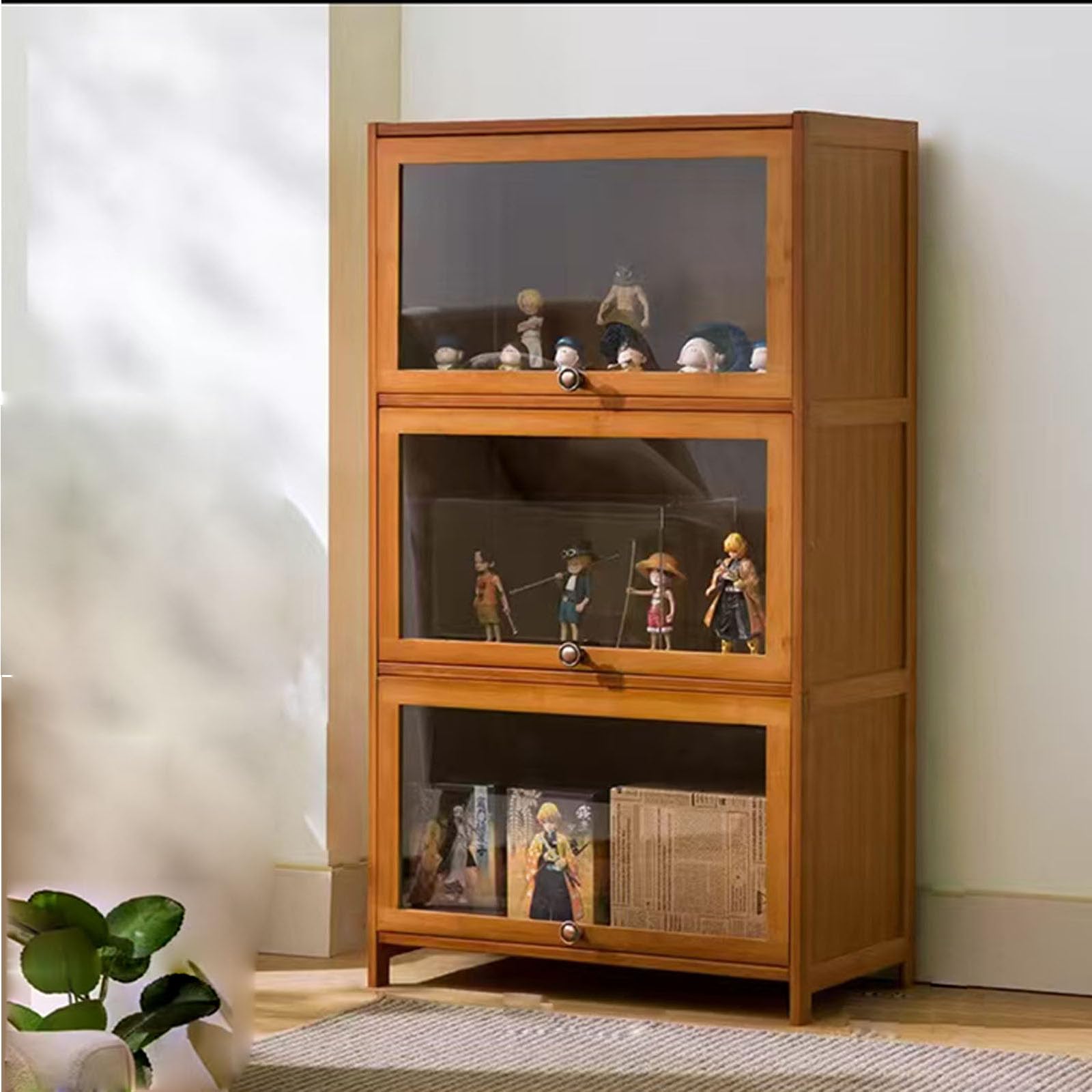 Vitrine De Collection En Bambou Et Acrylique – Résistante à La Poussière, 4 Niveaux, 80 Cm – Bleu Gris