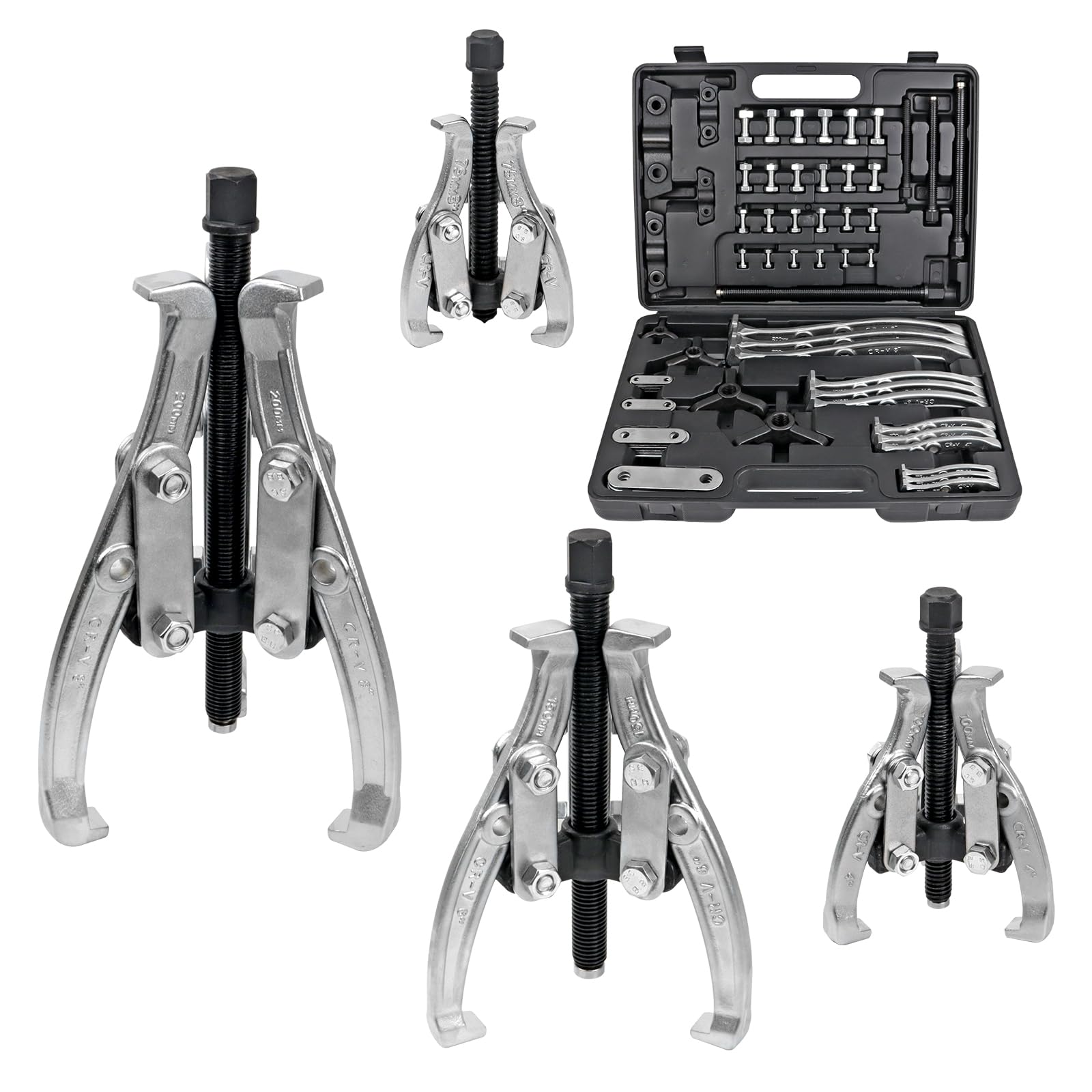 Gear Puller Set, Reversible 2 & 3-Jaw Puller Set, CR-V Steel 3" 4" 6" 8" Bearing Puller Kit (24pc) for Gear, Bearing, Pulley and Flywheel, Puller Tool with Black Carry Box