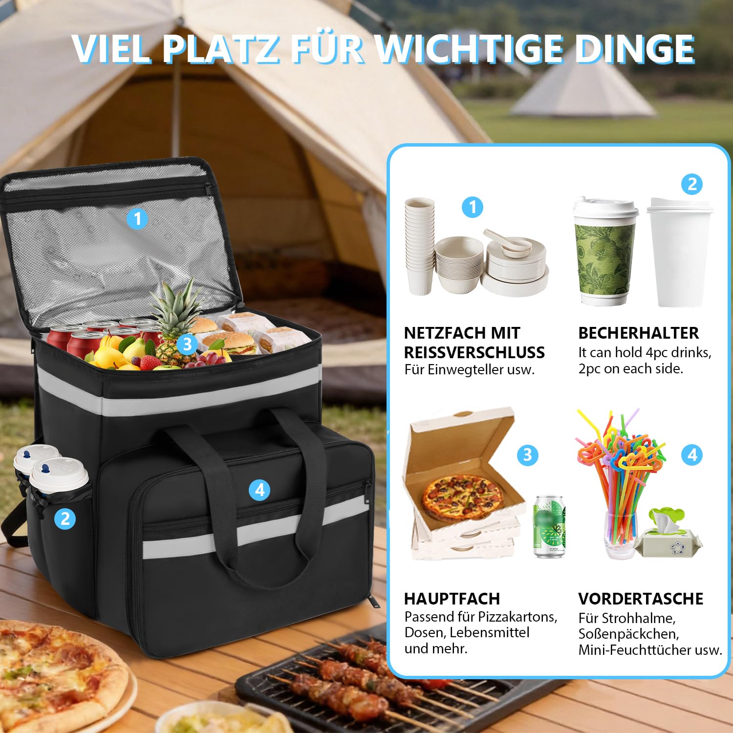 Borsa per la consegna del cibo, zaino espandibile con 4 portabevande, grande borsa termica per pizza e cibi caldi/freddi, zaino riflettente per Uber Eats, DoorDash, Grubhub, nero