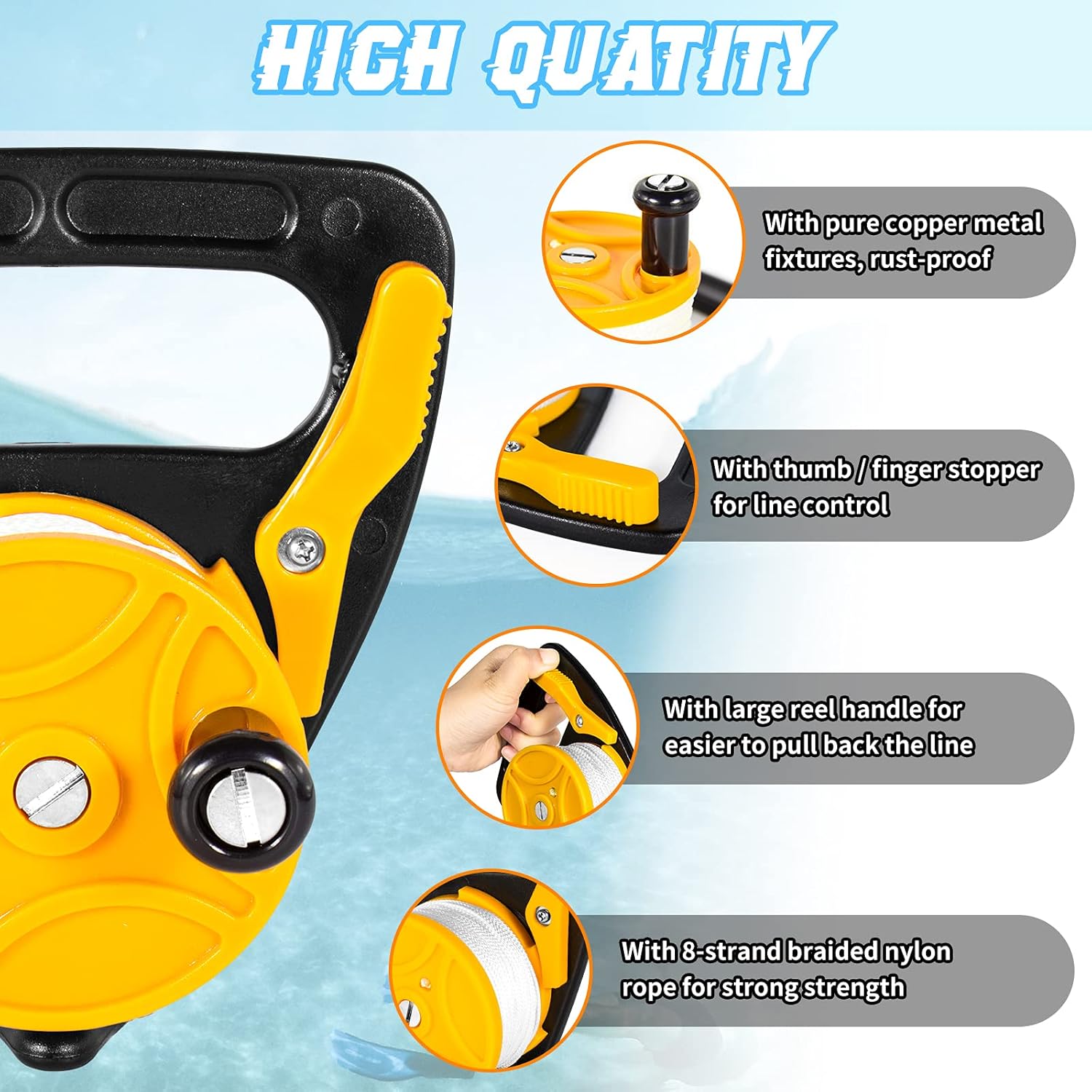 Compact 150ft Scuba Dive Reel Kayak Anchor with Thumb Stopper for Safety Underwater Diving Snorkeling
