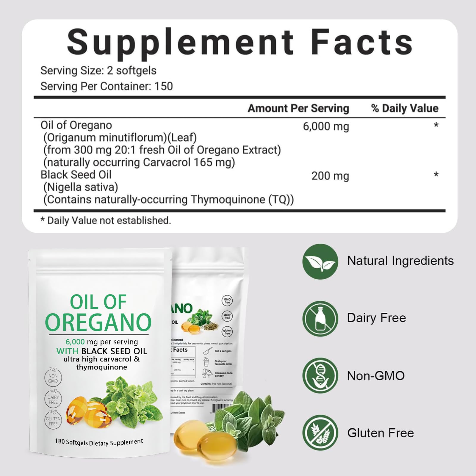 Oil of Oregano Softgels 6000mg with Black Seed Oil, Plant Based, Non-GMO, Immune Support, 180 Count — view 6