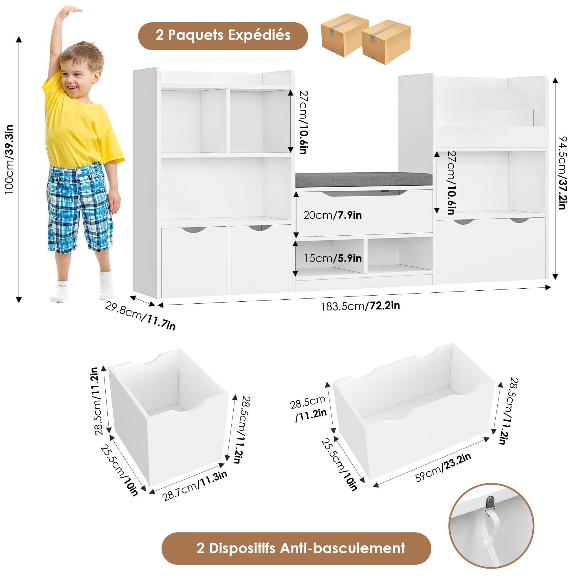 FOREHILL Meuble Rangement Enfant 183.5cm Bibliothèque Enfant avec Banc 11 Étagères 3 Tiroirs Roulants Rangement Jouet pour Chambre d’Enfants Salle de Jeu 183.5x29.8 x94.5 cm