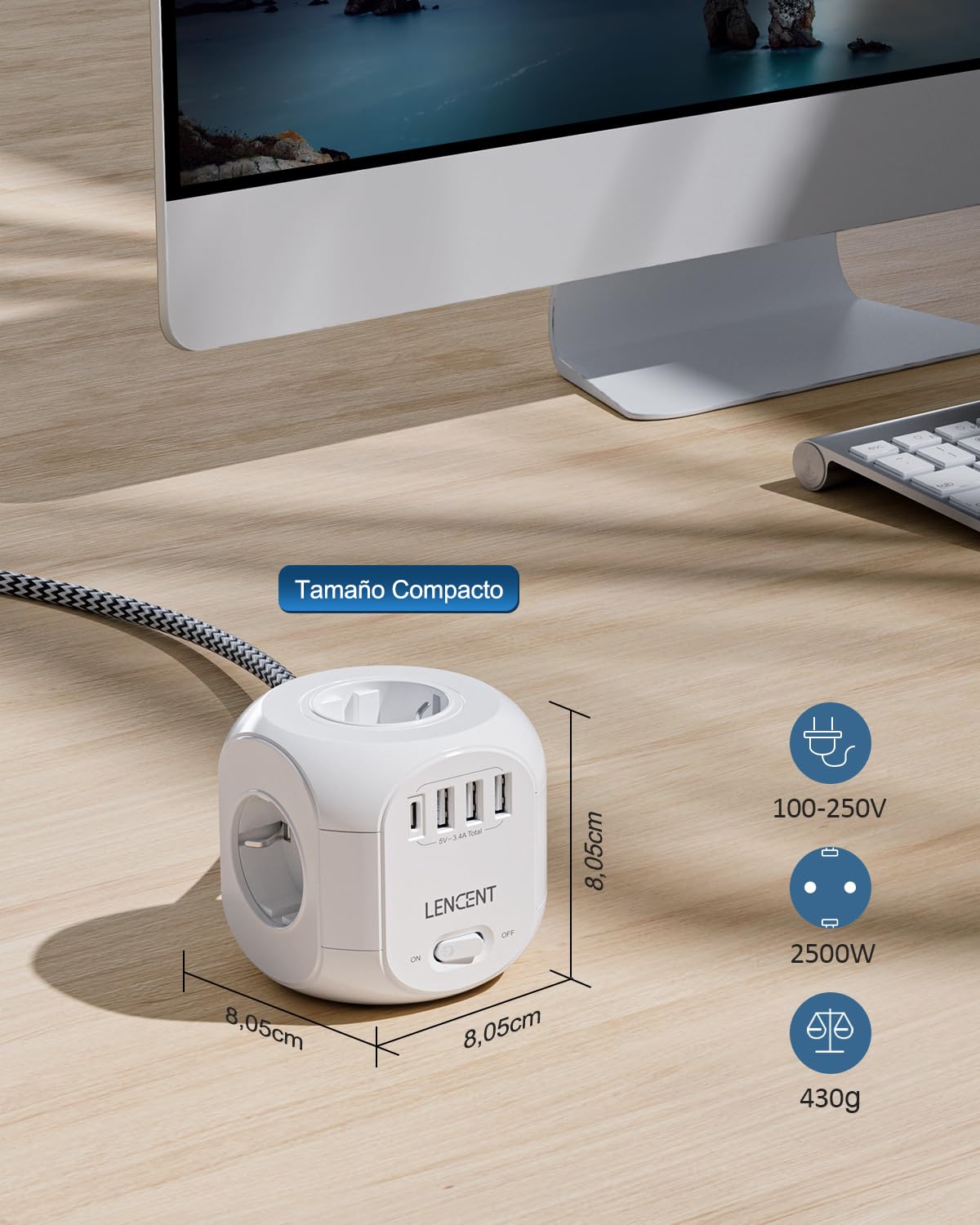 LENCENT Cubo Regleta Enchufes 2M con 4 Tomas de CA, 3 USB y 1 Tipo C | Alargadera Electrica Protección contra Sobretensiones para Familia, Cocina y Oficina White