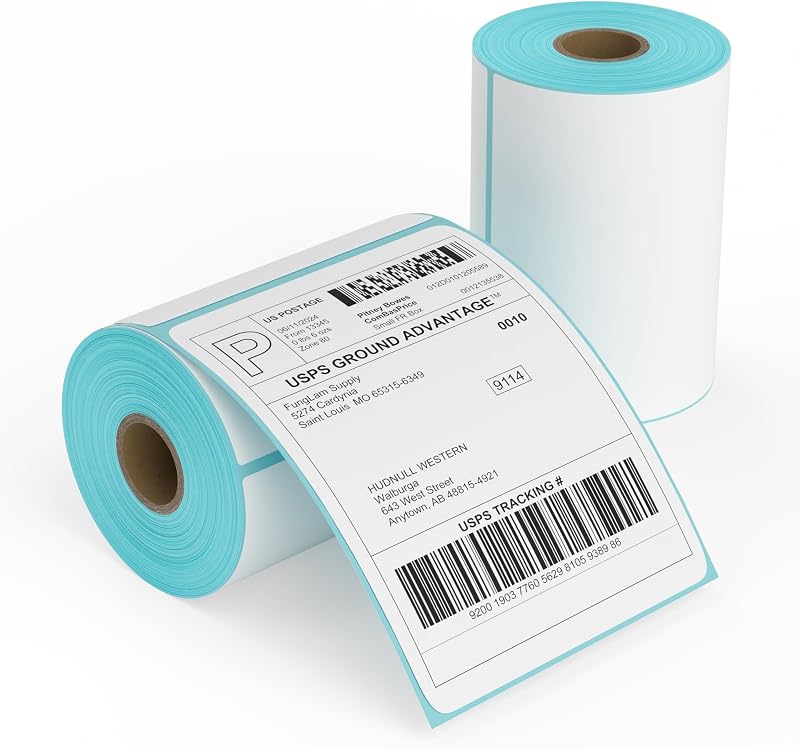 FungLam 2 Rolls 4x6 Direct Thermal Printer Labels 500 Shipping Labels Compatible with Zebra, Rollo Label Printer, Peforated Postage Thermal Labels, Permanent Adhesive, 250 Labels/Roll