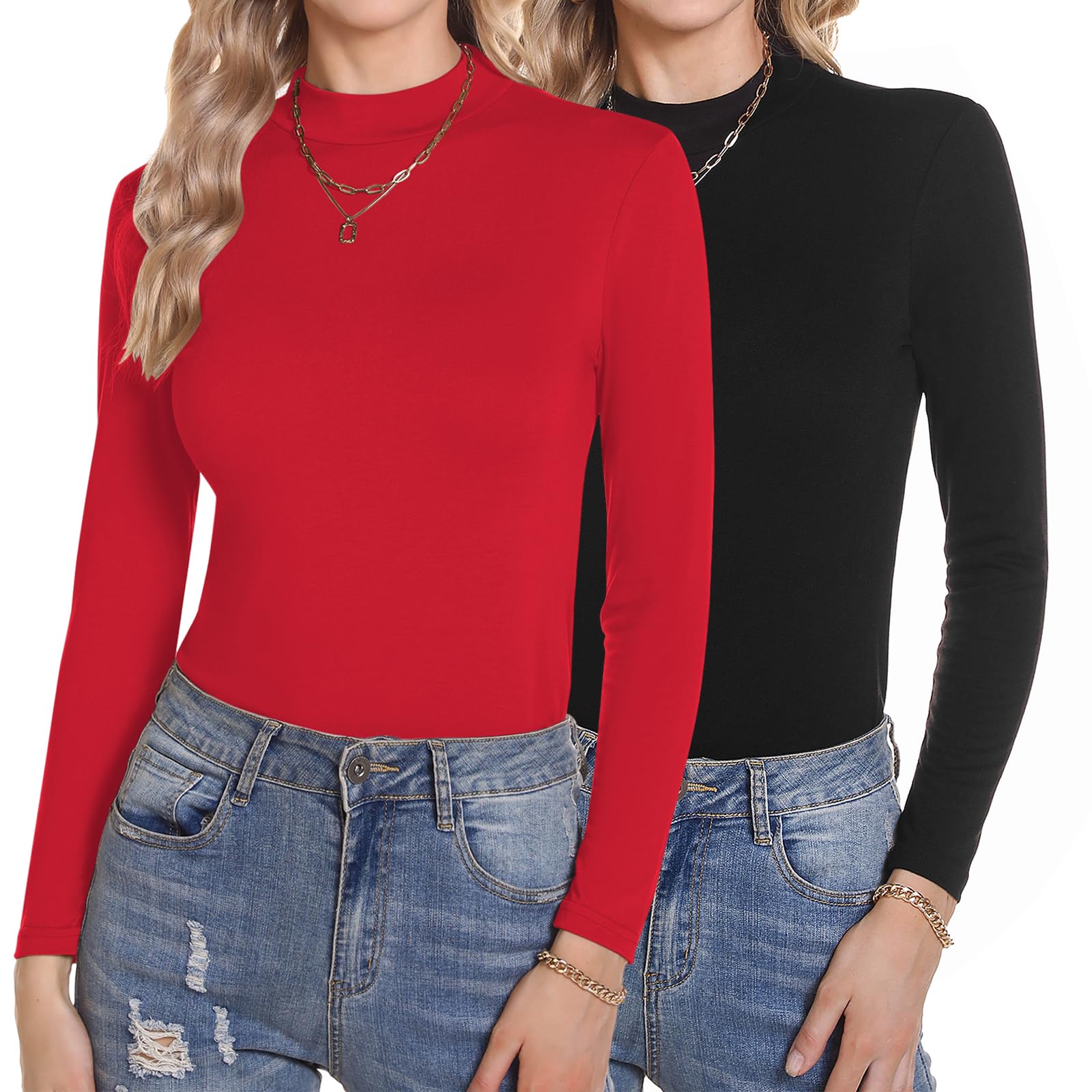 Aottori Damen 2 Pack Langarmshirt Set Stehkragen Rollkragenshirt Baumwolle Elegant Basic Oberteile Langarm Unterhemd Winter T-Shirt Stretch Tops