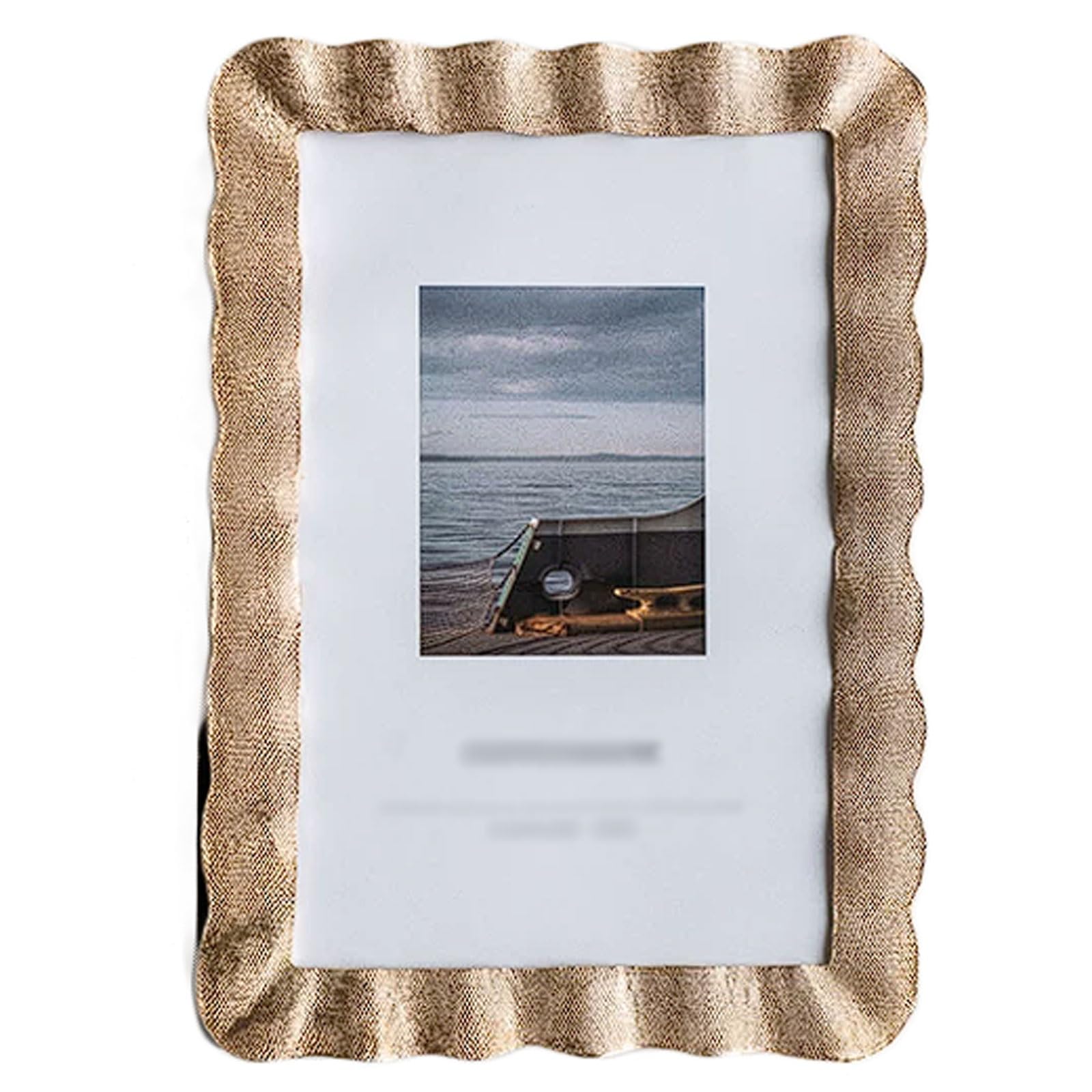 Decorative Metal Wave-Patterned Photo Frame for Tabletop Use, Gold Finish Zinc Alloy with Glass for 6" and 7" Photos photograph