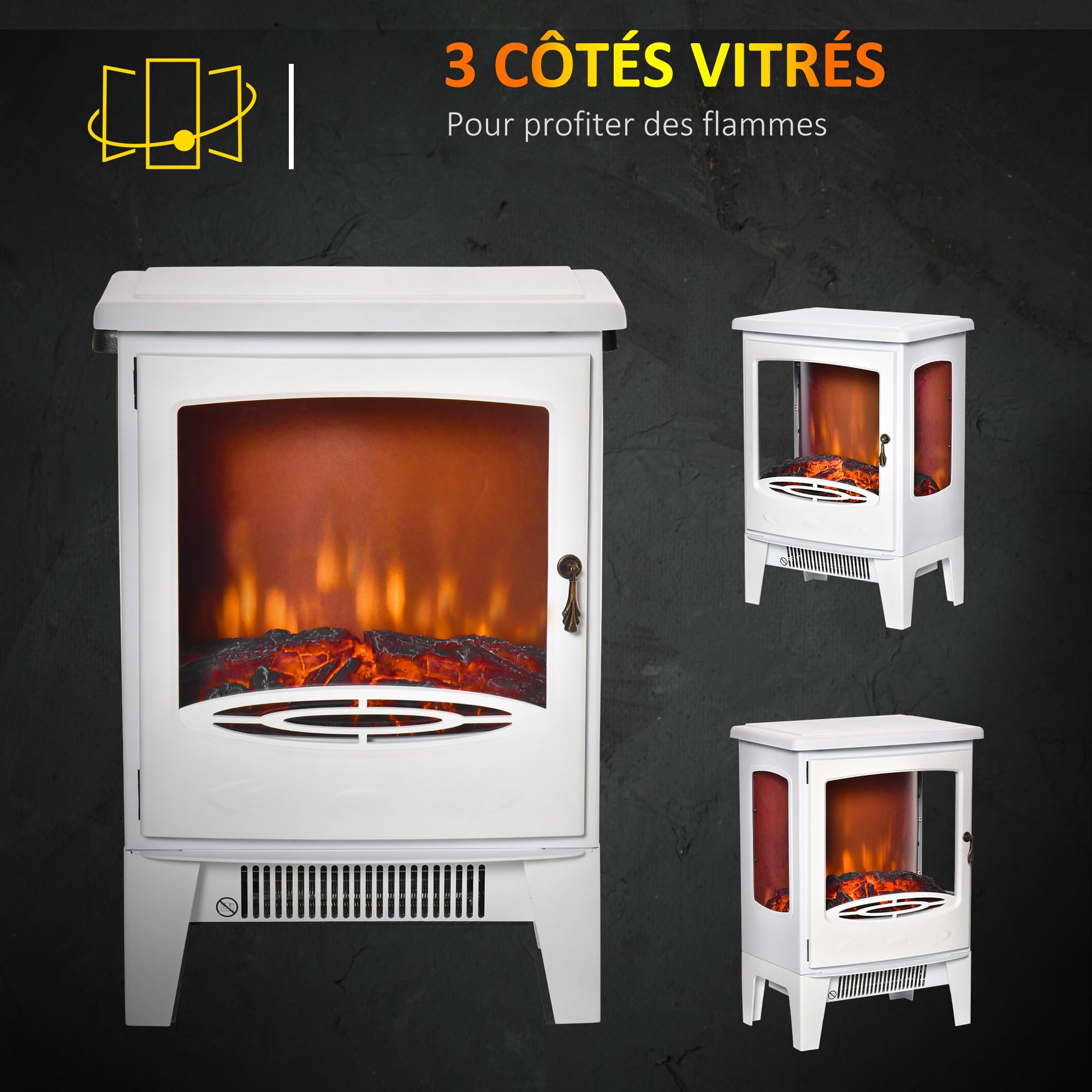 HOMCOM Cheminée électrique poêle Style néo-rétro 900-1800 W Simulation Flammes LED luminosité réglable Acier ABS Blanc