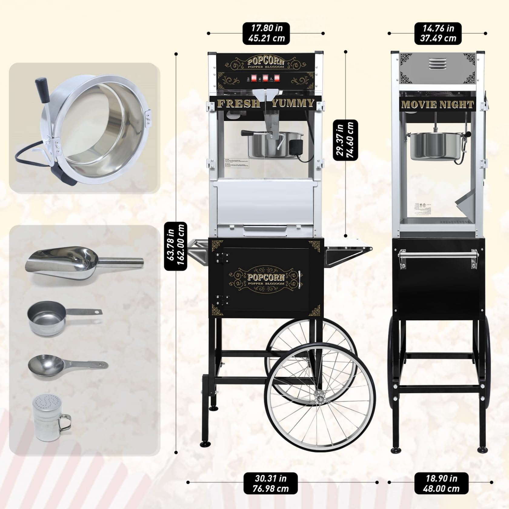 Máquina de palomitas de maíz de 20 onzas con carrito, ruedas y hervidor de acero inoxidable, estilo vintage, máquina para hacer palomitas de maíz para fiestas, eventos, uso doméstico y comercial 9