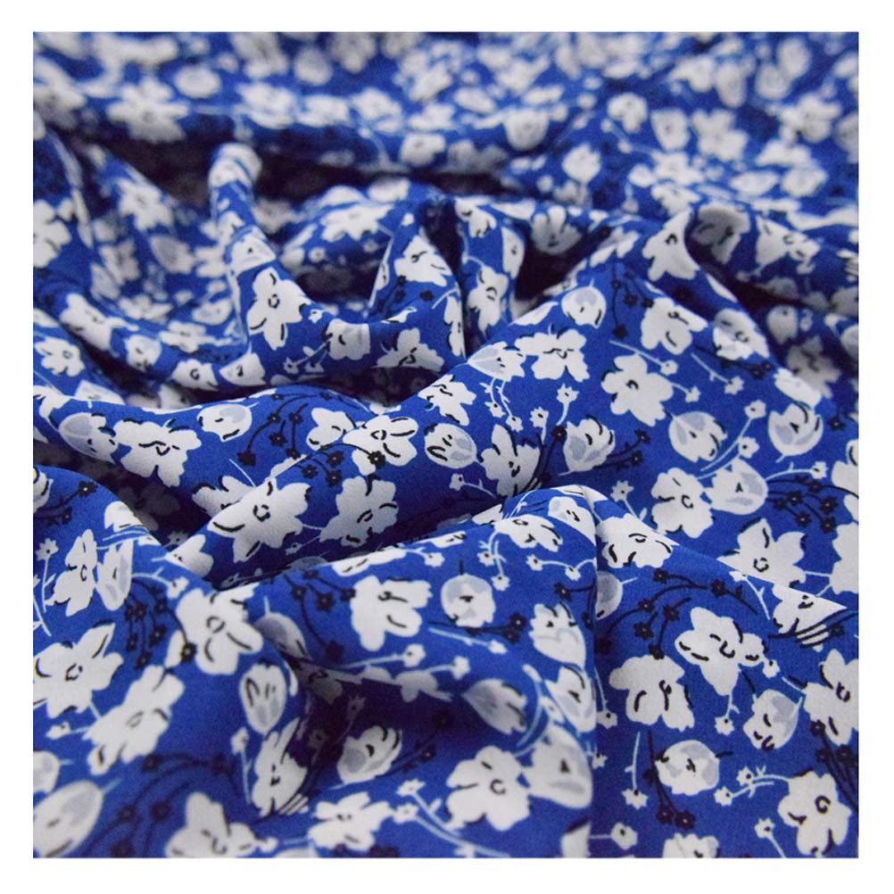 NAKAN Tissu en Mousseline Rétro Bleu avec Motif De Petites Fleurs Blanches Polyester Doux Et Lisse pour Couture, Vêtements, Chemises, Jupe, 150cm Large, Non Transparent(Size:5m)