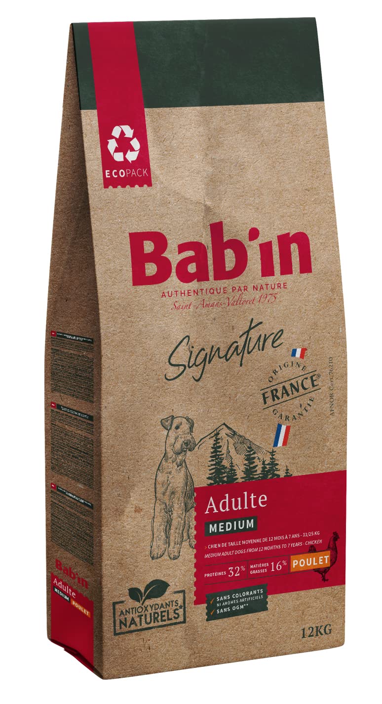 Bab'in Signature Medium Adulte 12Kg - Croquettes pour Chien Adulte de Taille Moyenne (De 11 à 25Kg) - Naturelles, Saines et Équilibrées - Adaptées aux Besoins Nutritionnels - Riche en Poulet