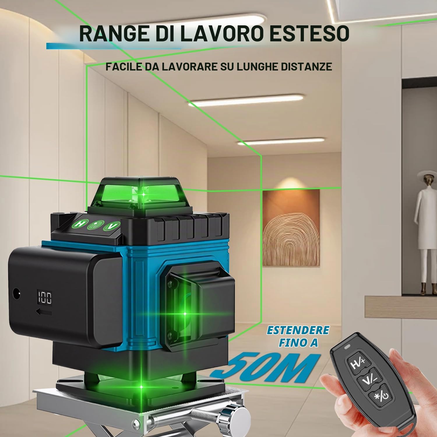 VOBOR Livella Laser con Treppiede, 4D 16 Linee Verde Livello Laser Autolivellante 360 con 2 x 4800mah Batteries, Telecomado, per Lavori Costruzione e Decorazione D'interni