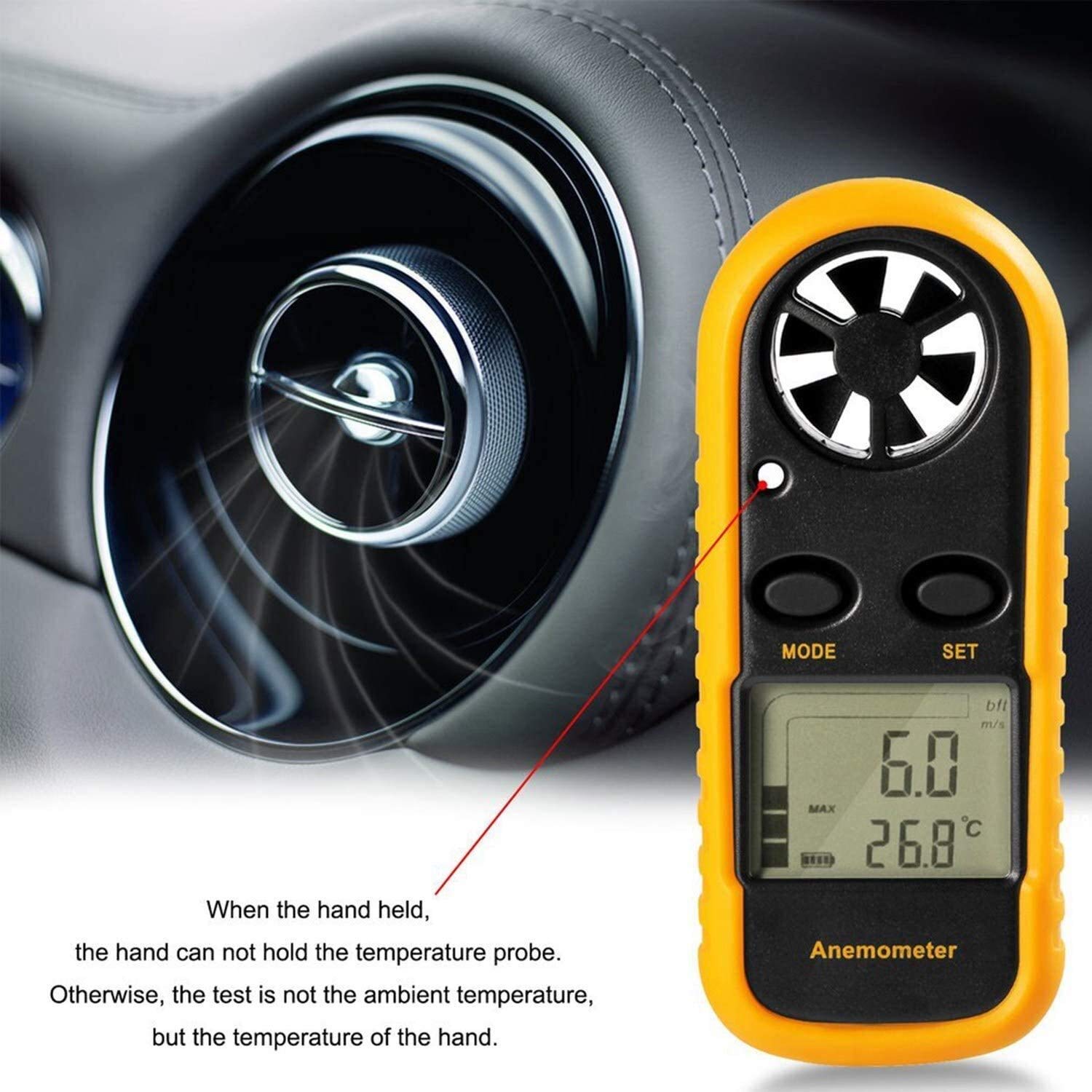 JJJ Anemometro Portatile Digitale, con Display LCD for misurare velocità del Vento, Temperatura e raffreddore del Vento (Giallo + Nero)