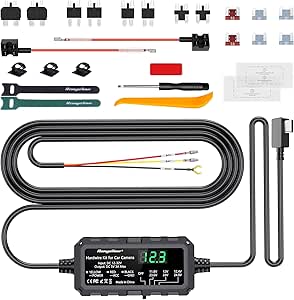Range Tour Dash Cam Hardwire Kit USB-C with LED Screen, 12V-32V to 5V 3A 4m/13ft Hardwire Kit Adjustable Low Voltage Protection 24H Parking Monitoring Hardwire Power Cable with Fuse, 4 Type Adapter
