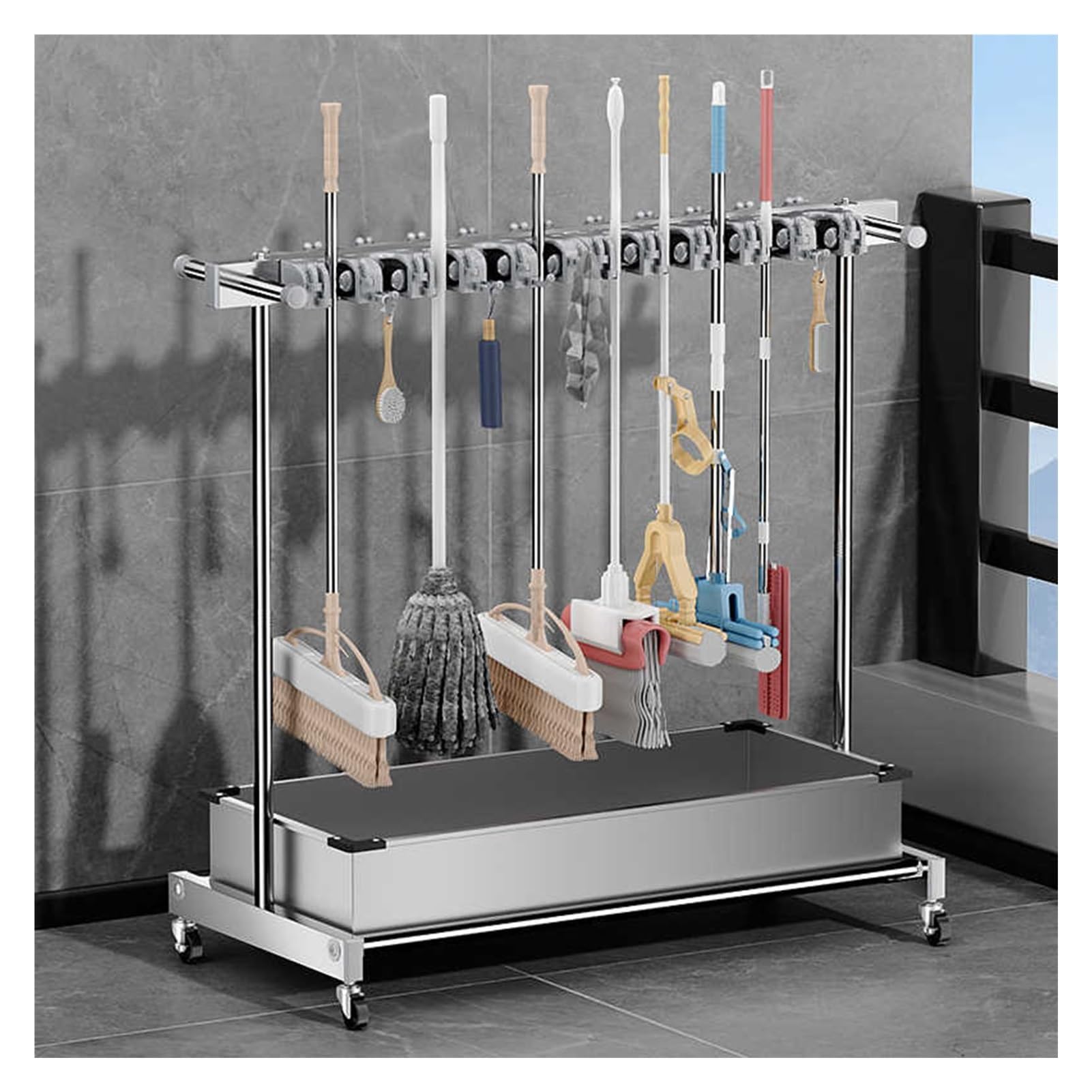 ASerZenith Mop And Broom Rack - Removable Organizer For Wet Mops With Bottom Basin - Ideal Storage Solution For Home, Garden, Laundry, And Garage