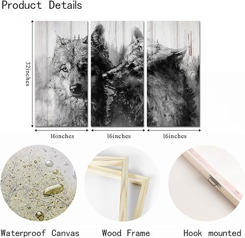 Miniatura 6 de OuElegent Lienzo de 3 paneles para pared, diseño rústico de animales salvajes, lobos blancos y negros, impresiones de obras de arte para sala de
