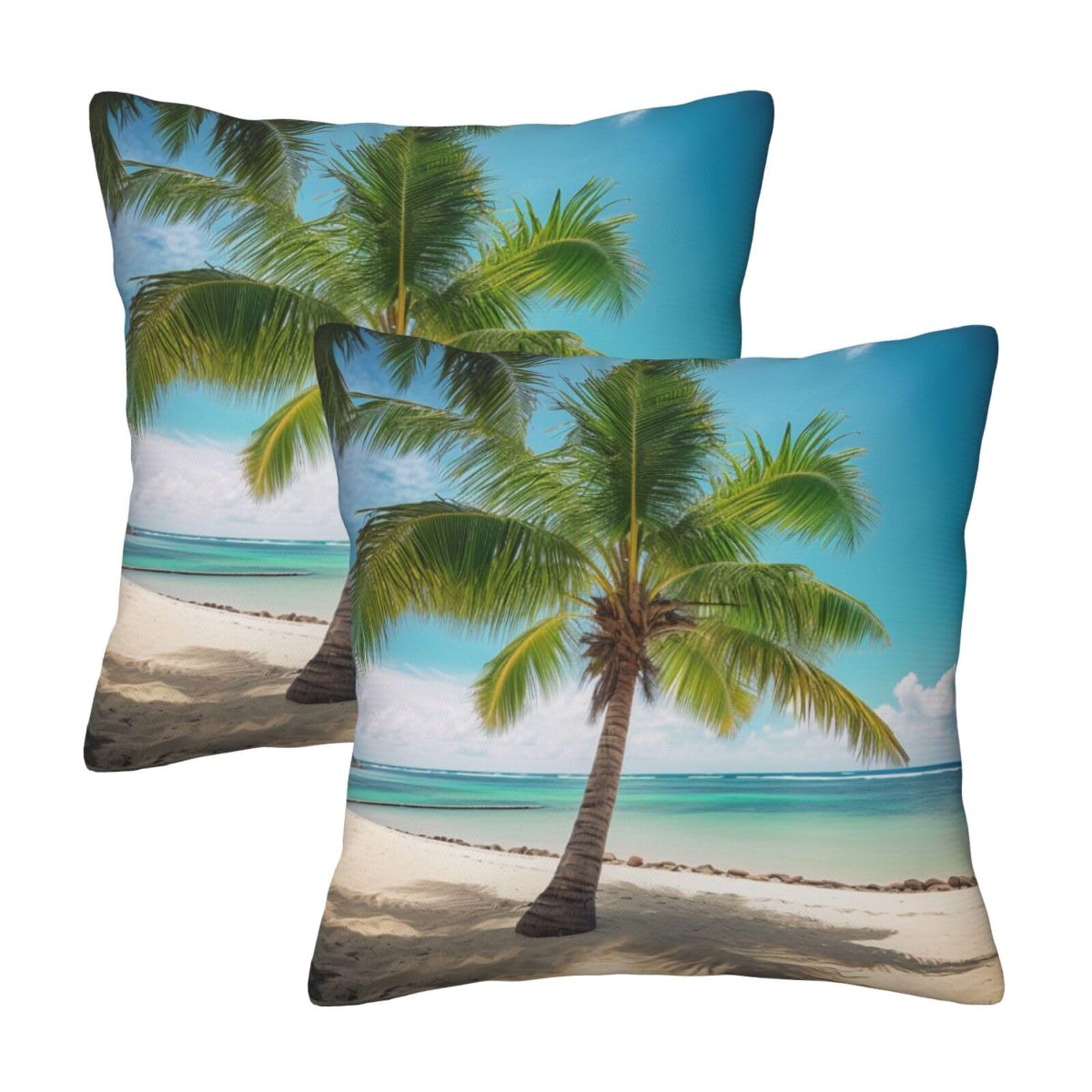 Beach Palm Tree Throw Pillow Cases 2 Pack Square Pillowcases Soft Pillow Protectors for Couch Livingroom Sofa Bed Office Car,50x50 CM
