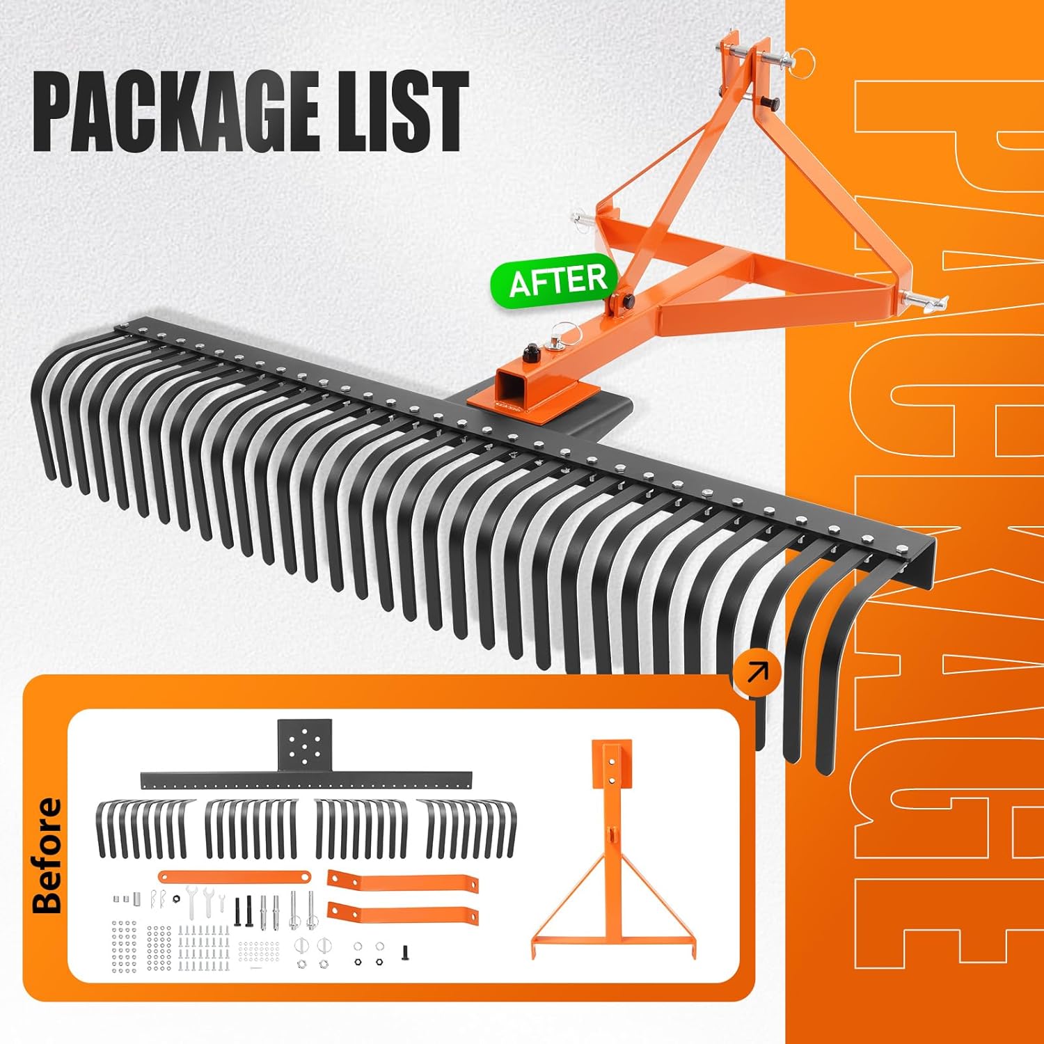 KUAFU 60 in Landscape Rake, 3 Point Rake Compatible with Category-1 Tractor, 360 Degree Rotation Tow-Behind Garden Tool for Compact Tractors for Farm, Garden, Clearing Brush, Raking Arenas 2 Package