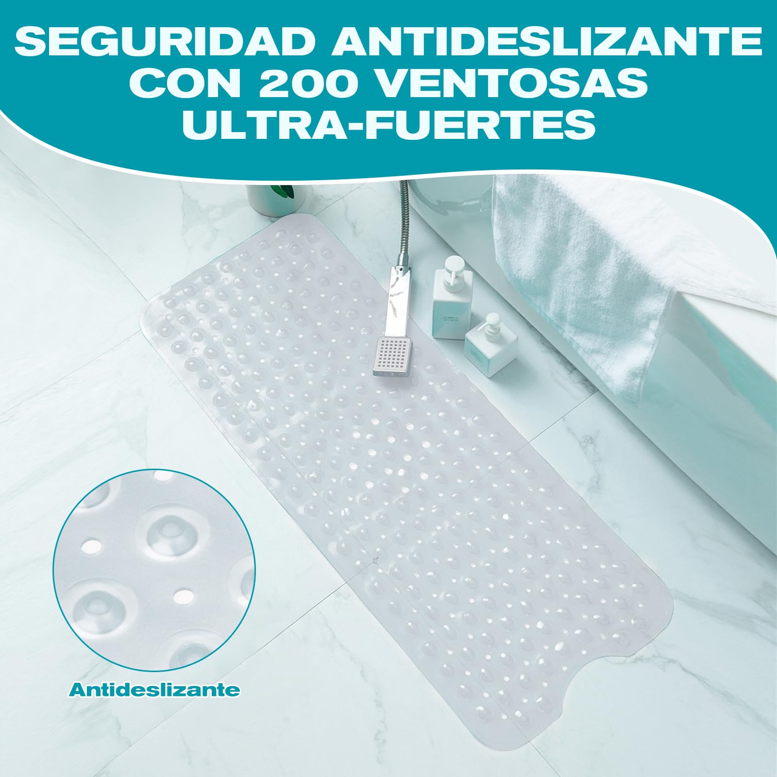 Alfombra Antideslizante para Bañera y Ducha 100x40cm, 200 Ventosas Ultra-Fuertes, Material Suave Antibacterial, Lavable a Máquina, Color Anti-Manchas, Seguridad Familiar (Transparente)