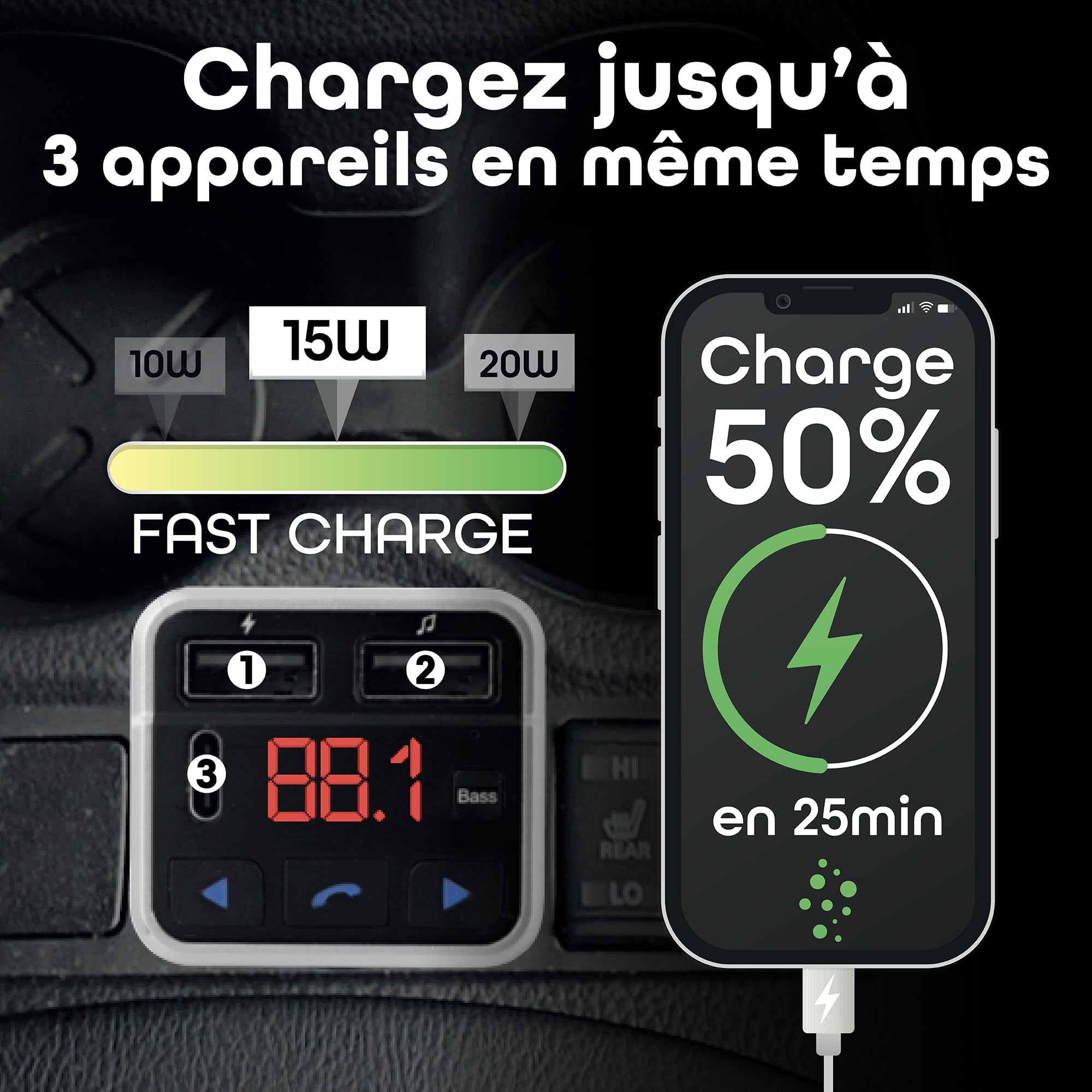 T'nB - Transmisor FM Bluetooth 3 en 1, kit de mano libre integrado, dos puertos USB-A Max y un puerto USB-C - Negro