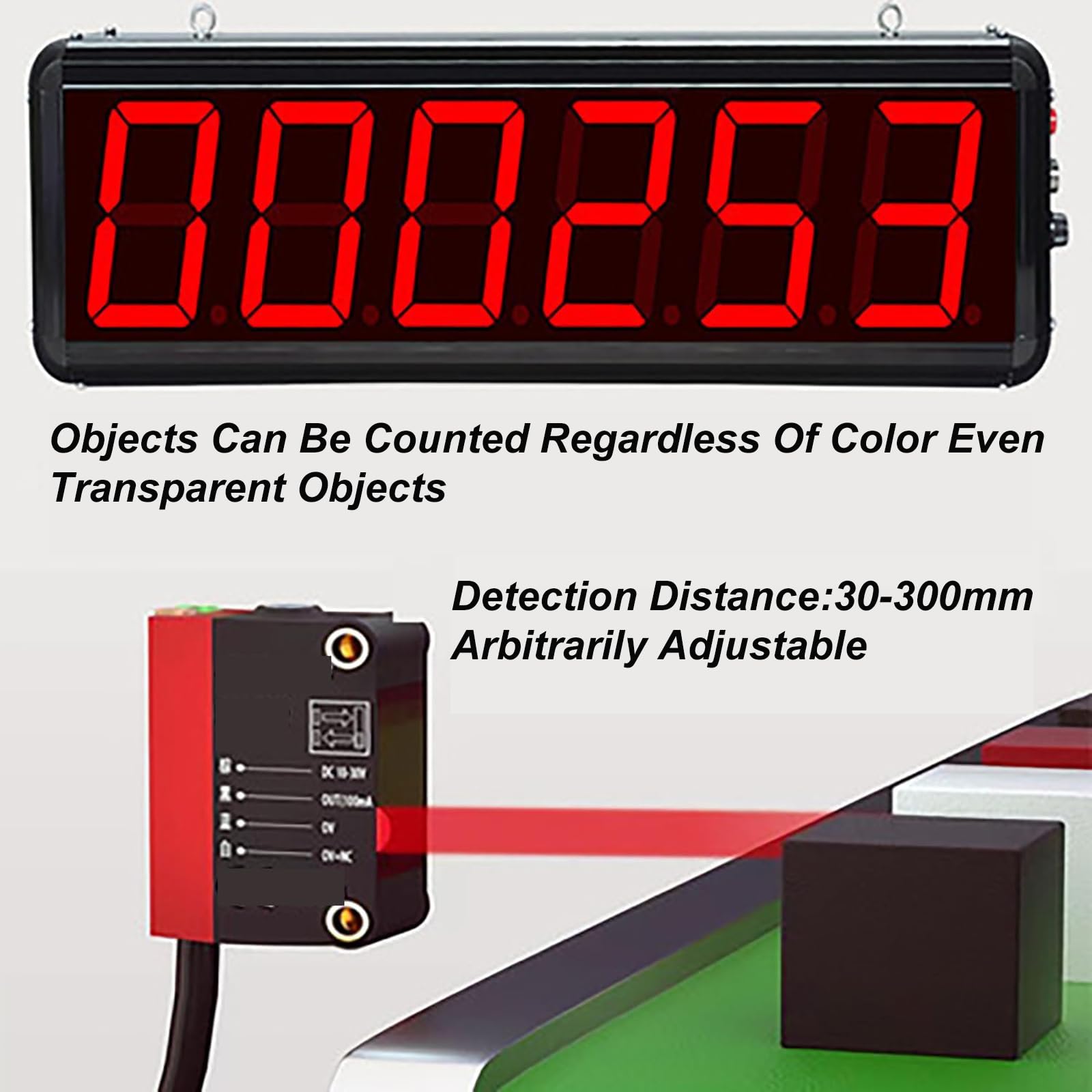 Compteur de bande transporteuse LED à 6 chiffres, suspendu ou mural, détection de 30 à 300 mm, mémoire de mise hors tension, pour ligne de production